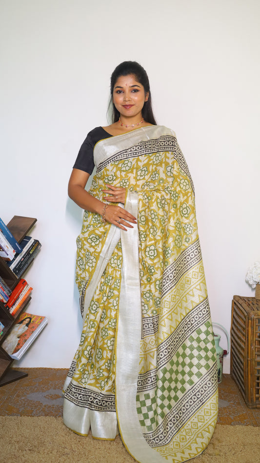 Artisanal white chanderi silk cotton saree with bagru-inspired block prints in mustard, green, and black  - VEDHIKA