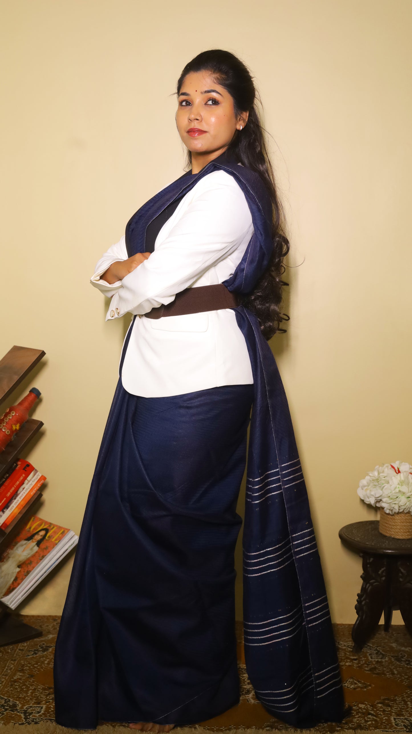 Effortless stylish semi tusser silk textured saree in dark blue with white embroidery - PREETHIKA