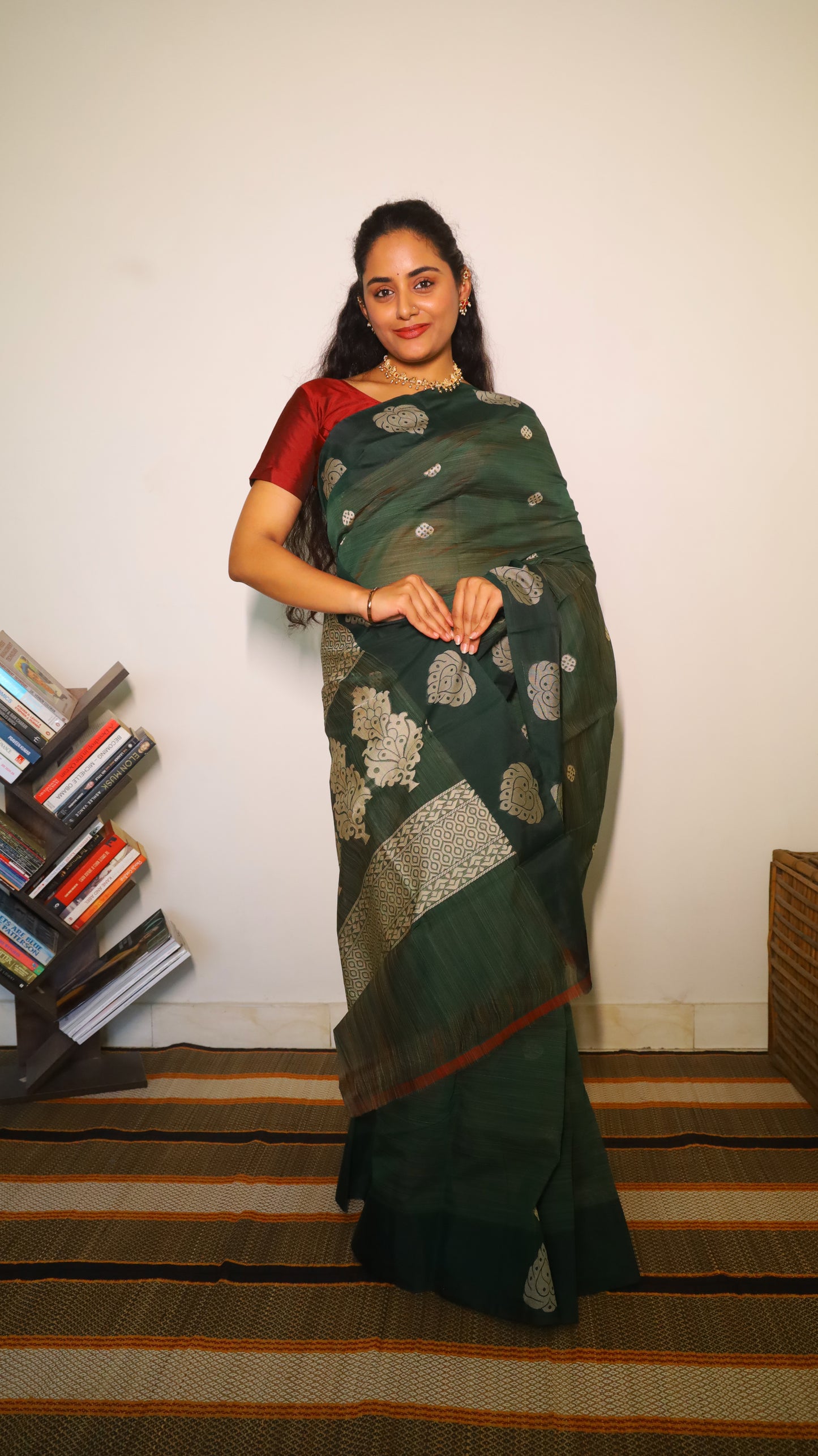 Classic deep forest green cotton saree with silver buttas - BOOMIKA