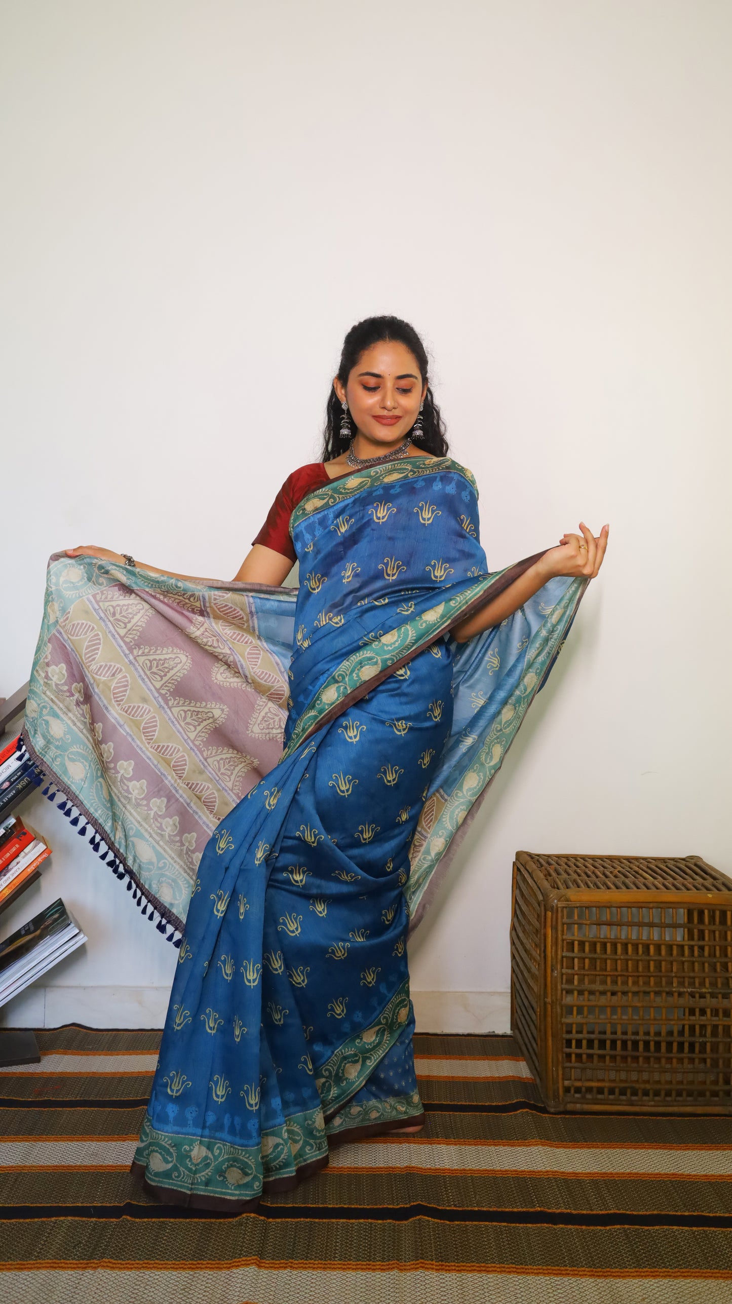 Charming prussian blue semi silk cotton saree with intricate traditional kalamkari prints - VEDHIKA