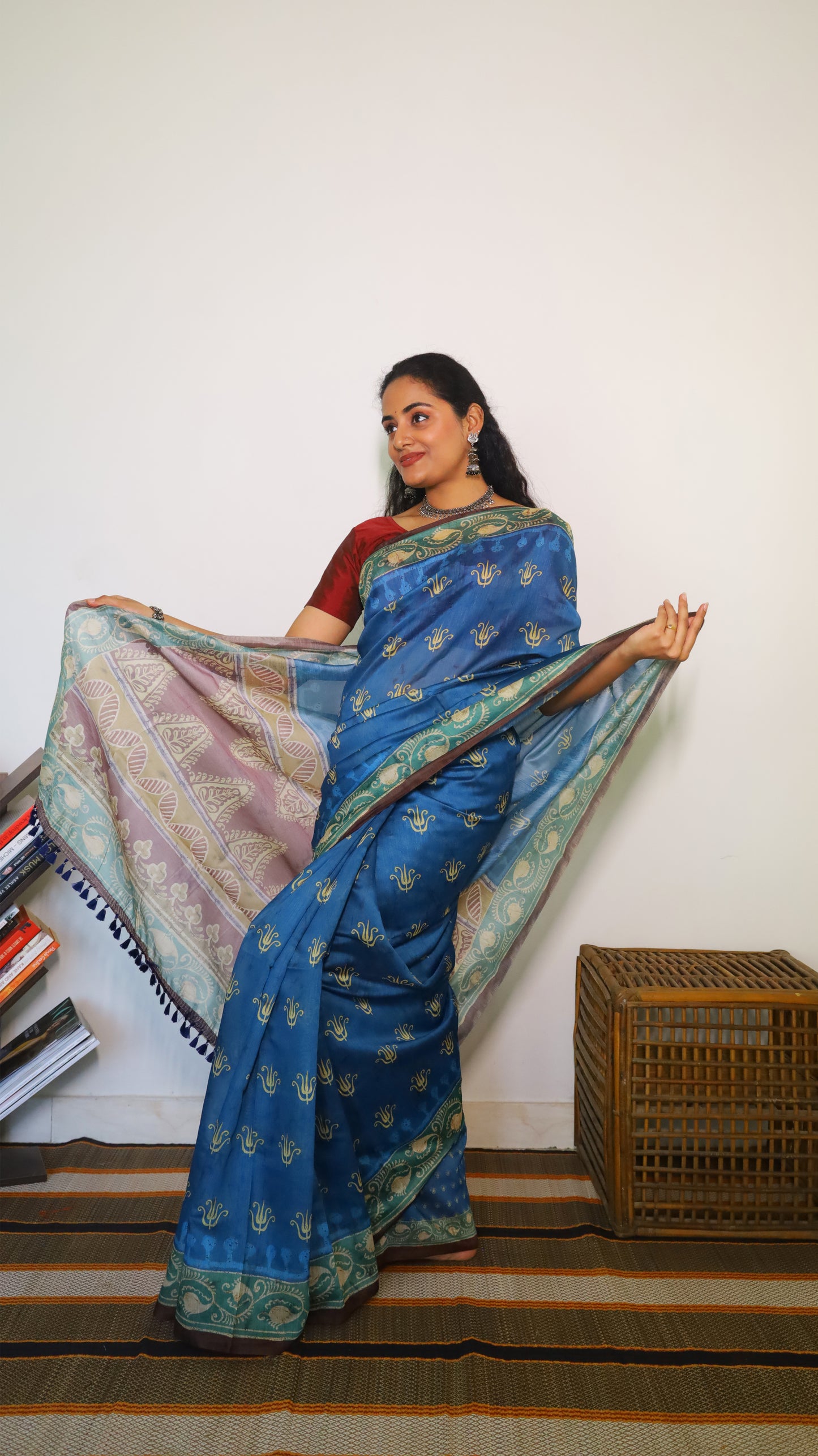 Charming prussian blue semi silk cotton saree with intricate traditional kalamkari prints - VEDHIKA