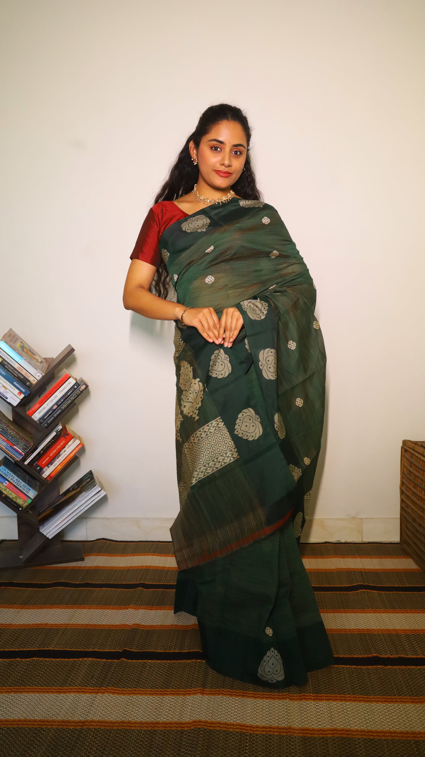 Classic deep forest green cotton saree with silver buttas - BOOMIKA