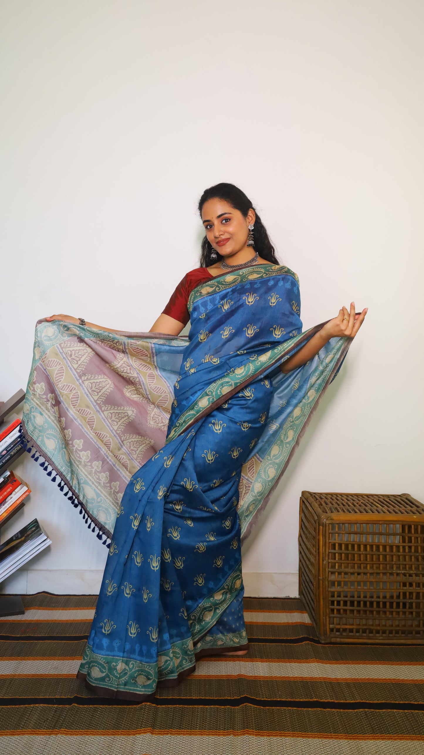Charming prussian blue semi silk cotton saree with intricate traditional kalamkari prints - VEDHIKA