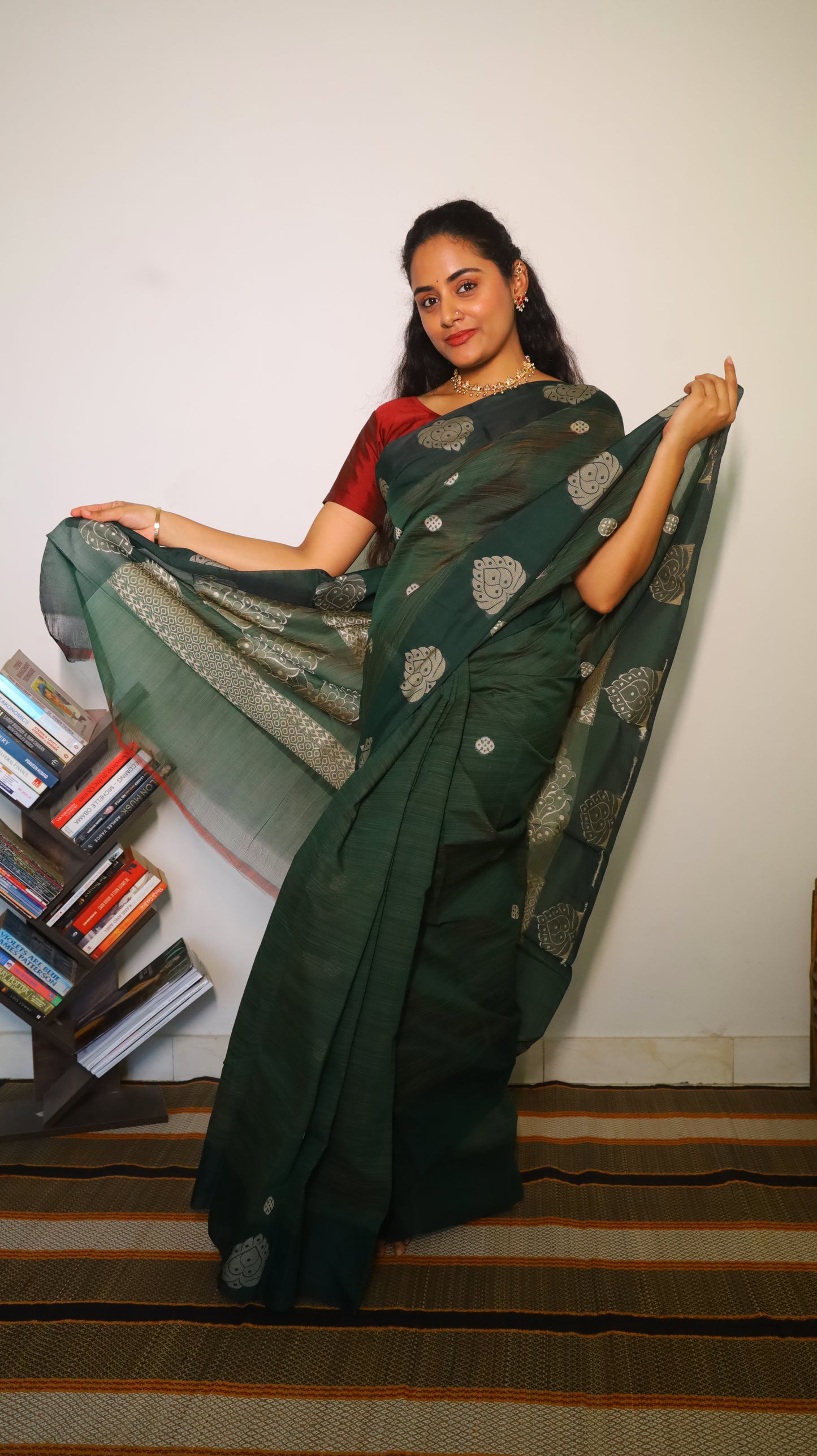 Classic deep forest green cotton saree with silver buttas - BOOMIKA