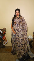 Semi tussar in charcoal black digital print with antique gold border and striped pallu - KRITHIKA (40007007)