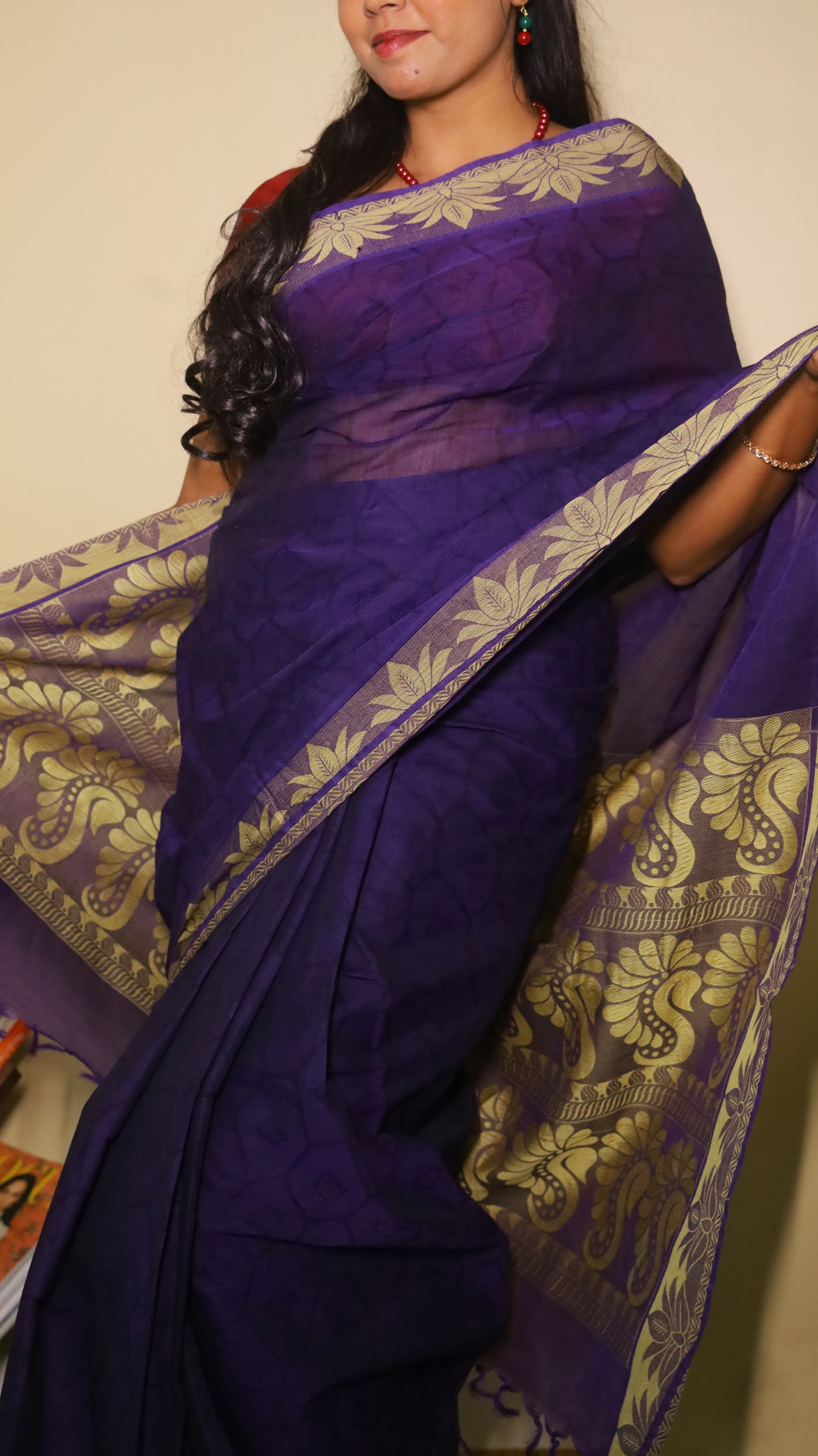 Classical rich purple cotton saree with bold silver paisley and floral motifs along the border - BOOMIKA