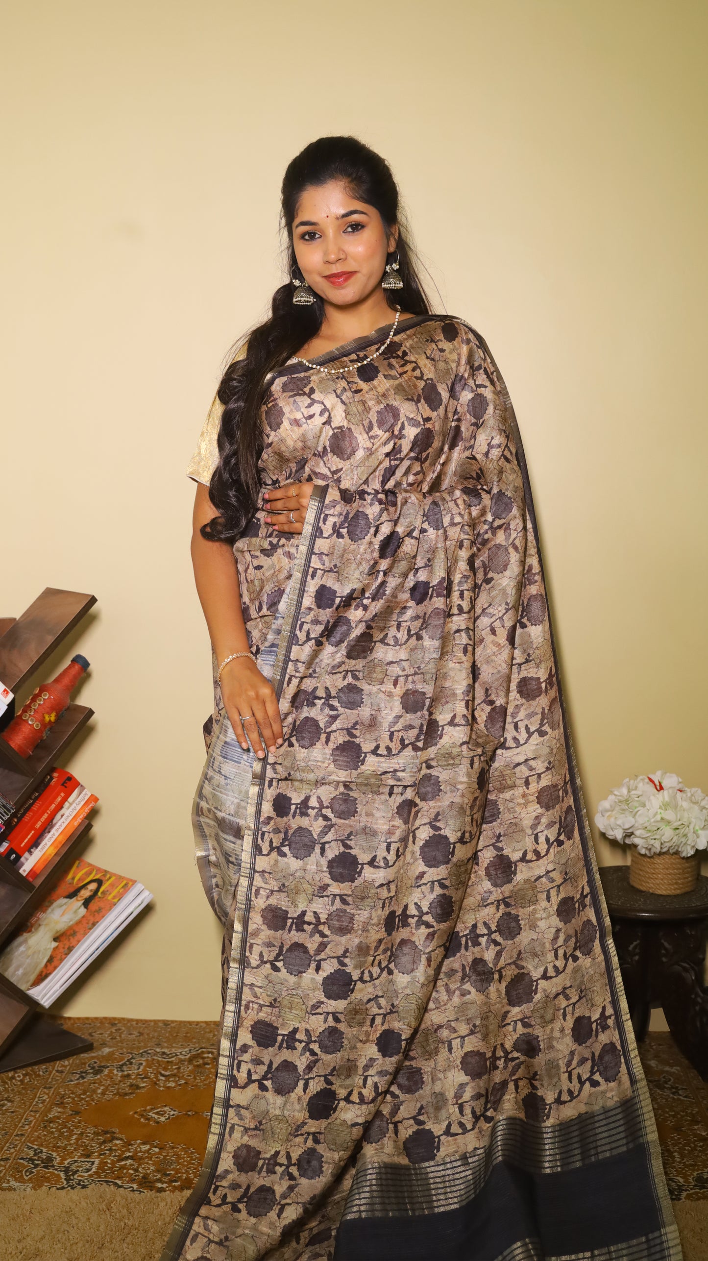 Lovely soft silk saree in cream and jamun purple with floral prints - AVANTHIKA