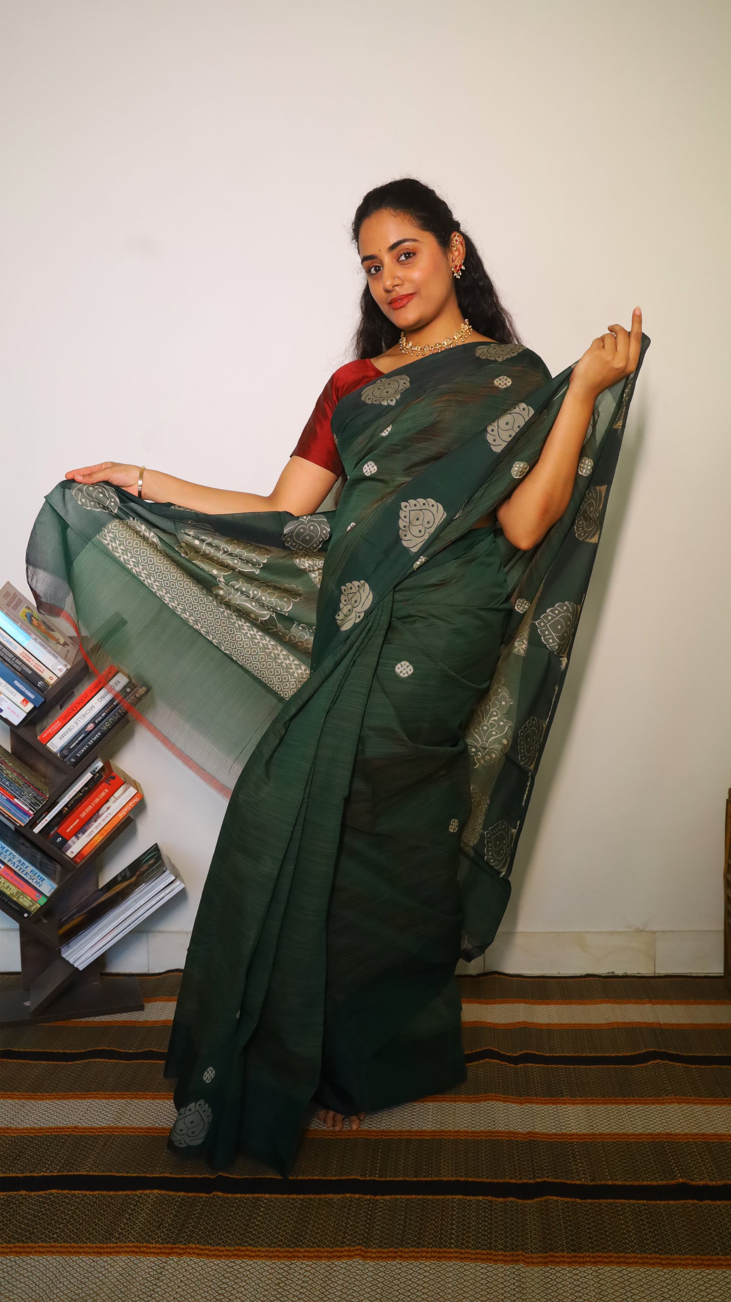 Classic deep forest green cotton saree with silver buttas - BOOMIKA