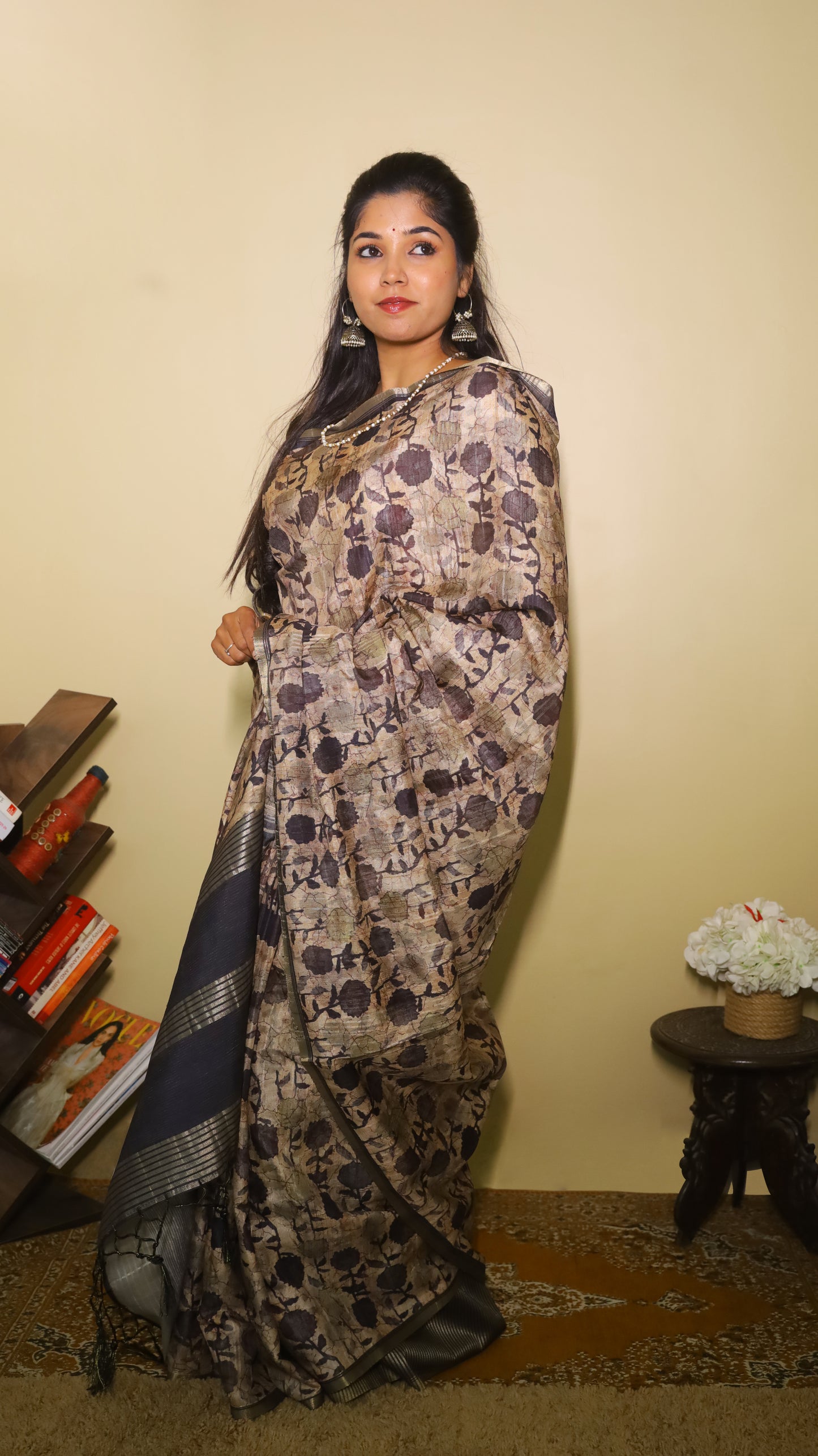 Lovely soft silk saree in cream and jamun purple with floral prints - AVANTHIKA