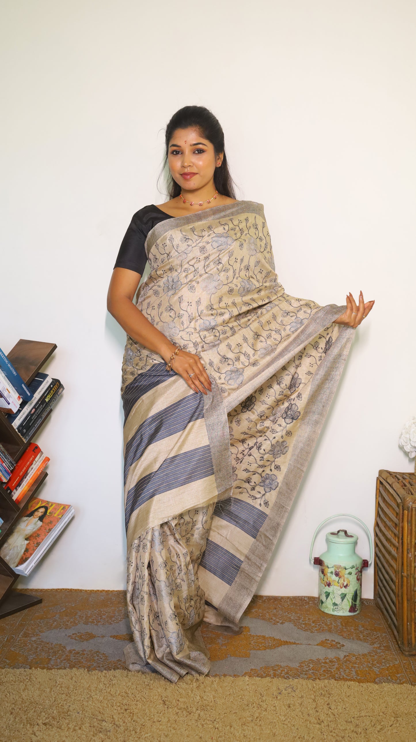 Elegant soft beige designer saree with digital print in delicate grey floral and vine motifs - SHRUTHIKA