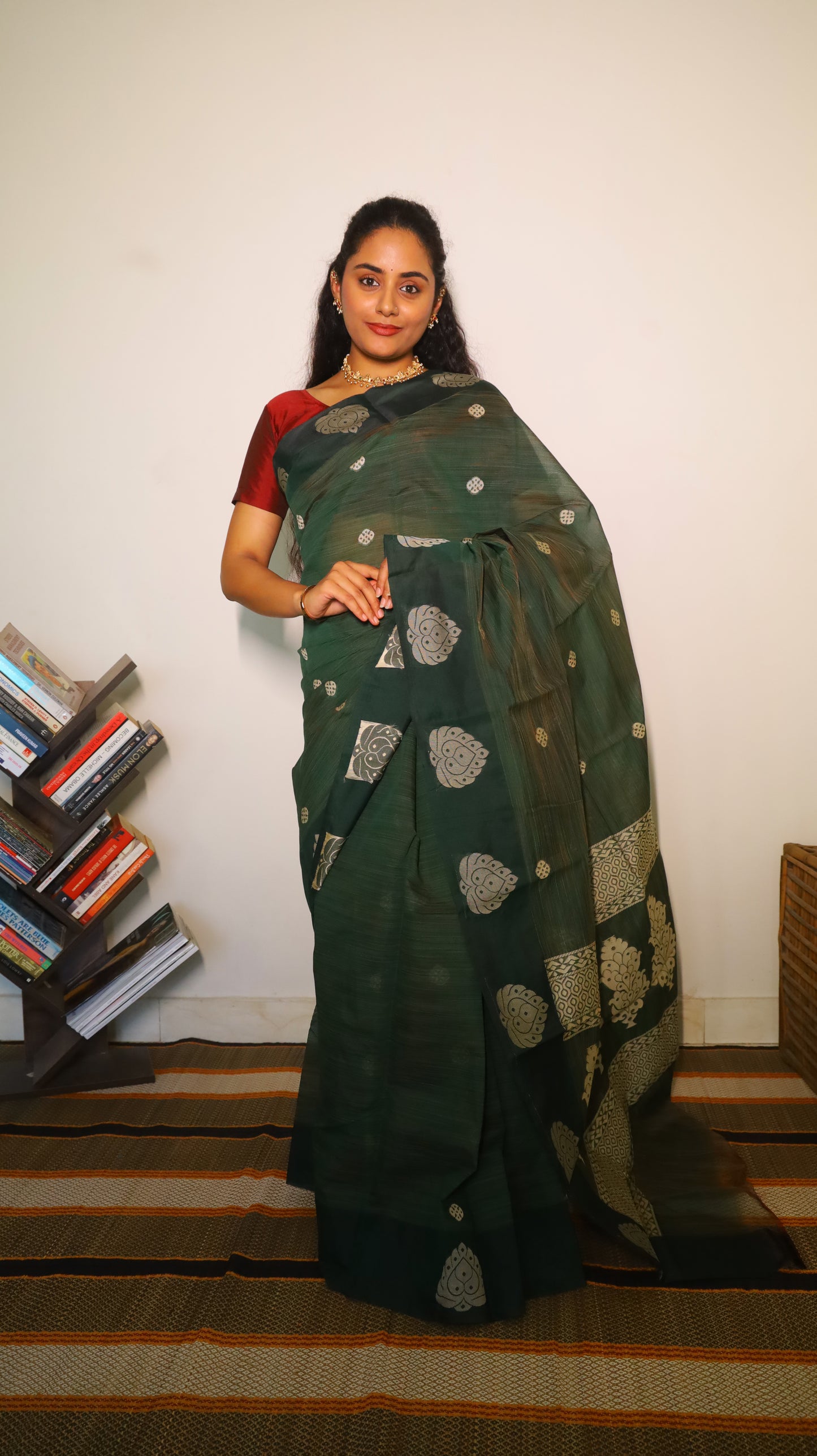 Classic deep forest green cotton saree with silver buttas - BOOMIKA