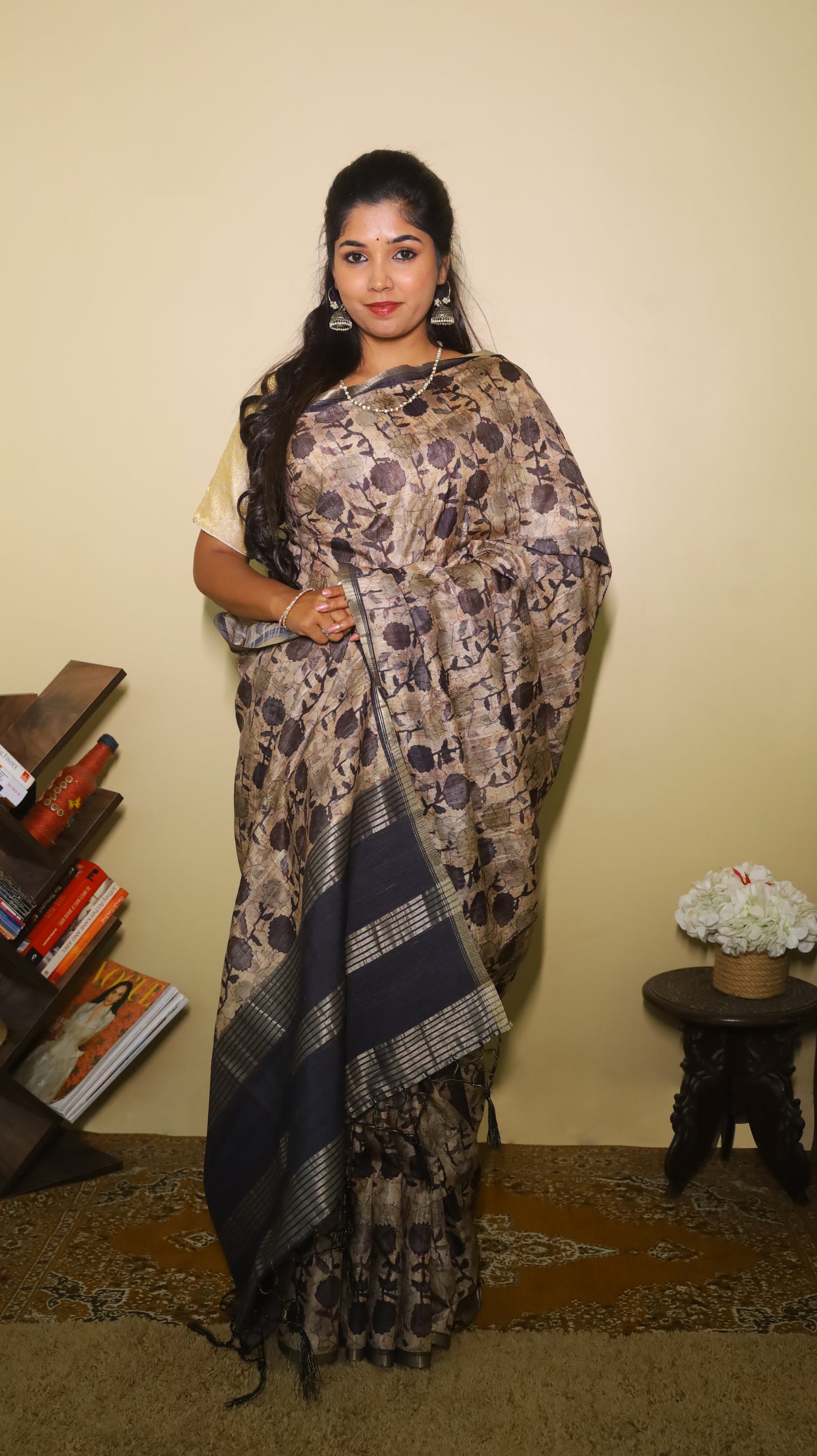 Lovely soft silk saree in cream and jamun purple with floral prints - AVANTHIKA