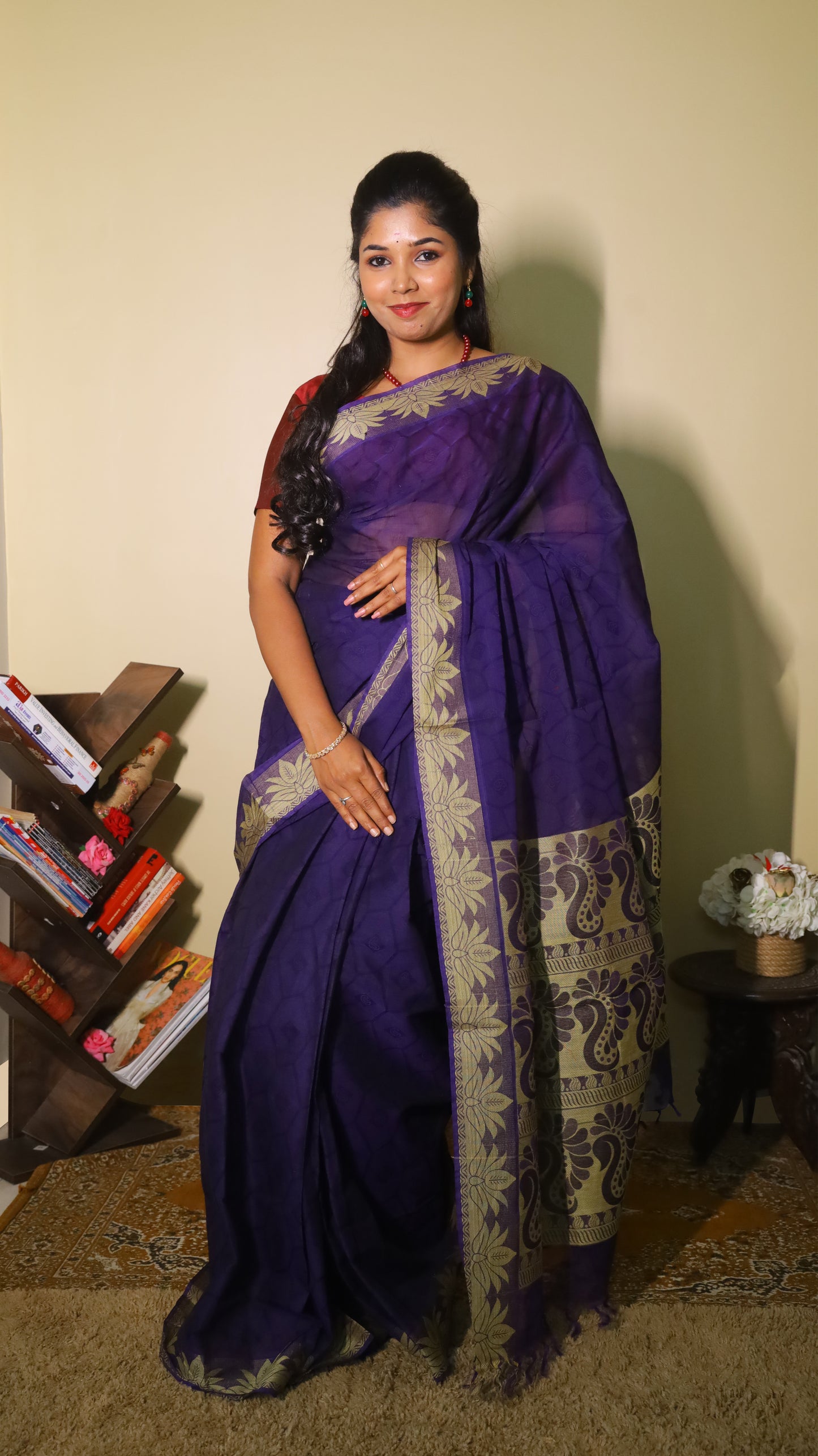 Classical rich purple cotton saree with bold silver paisley and floral motifs along the border - BOOMIKA