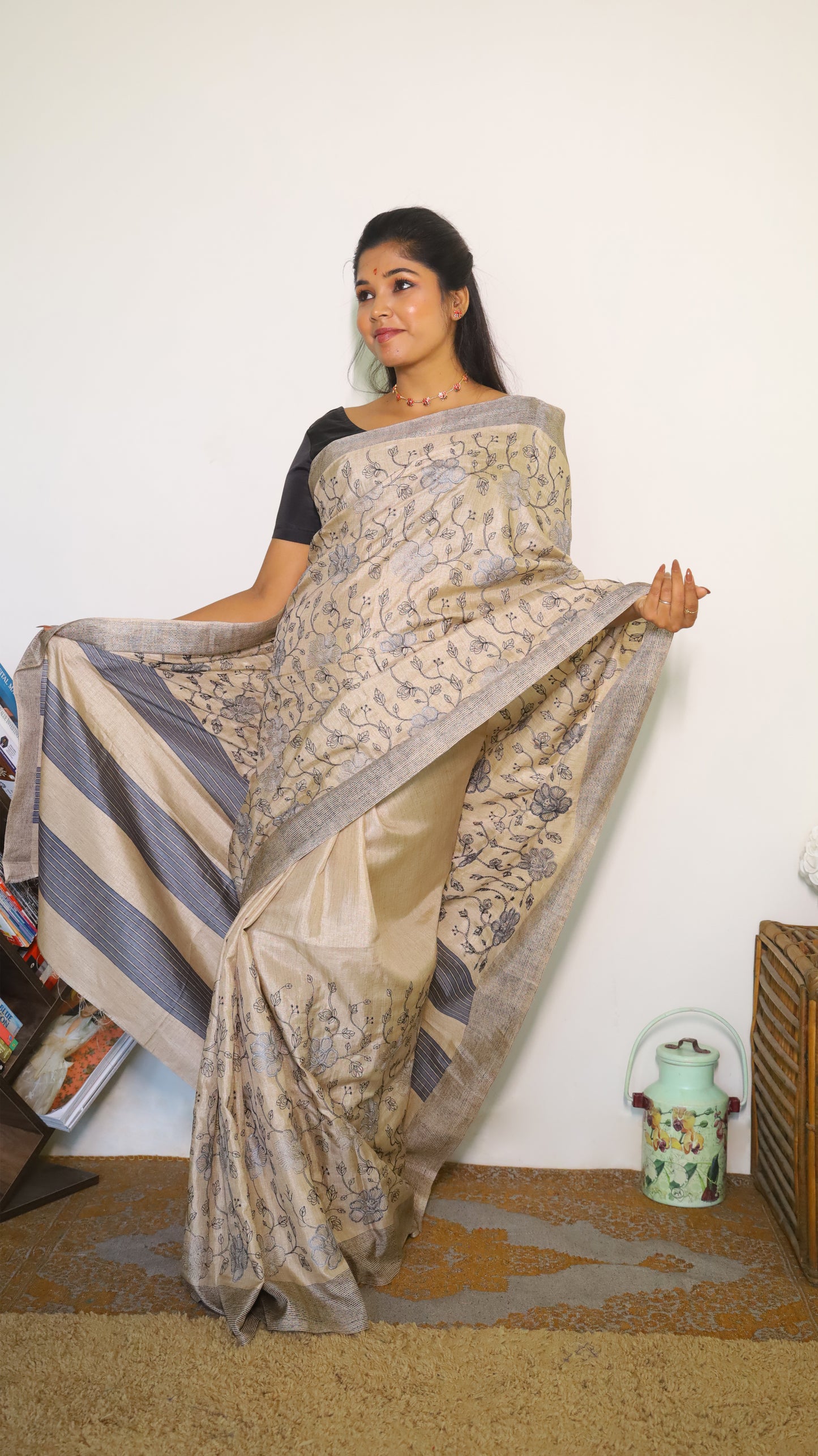 Elegant soft beige designer saree with digital print in delicate grey floral and vine motifs - SHRUTHIKA
