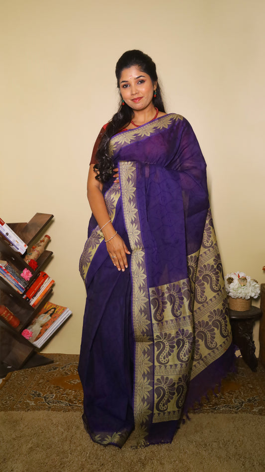 Classical rich purple cotton saree with bold silver paisley and floral motifs along the border - BOOMIKA