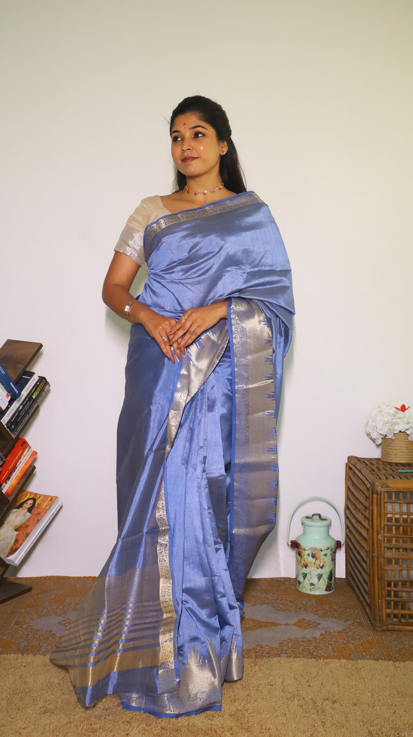 Graceful and refined steel blue Semi Soft Silk Saree with rich silver zari woven border   - AVANTHIKA