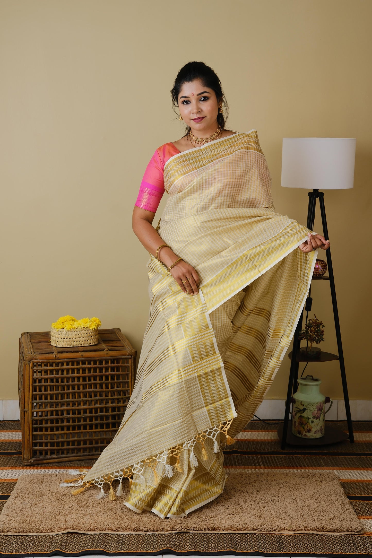 Onam kasavu silk in cream with all over checks in gold zari - AVANTHIKA