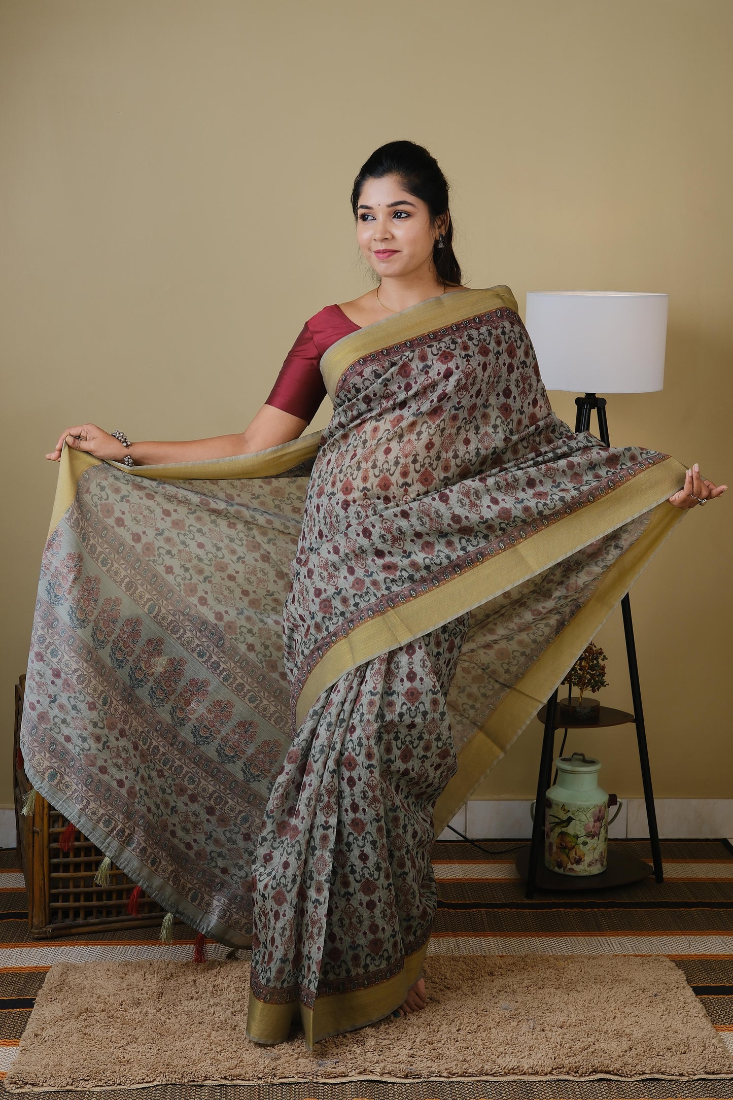 Soft cotton in seige green with all over mughal print and self zari border - BOOMIKA