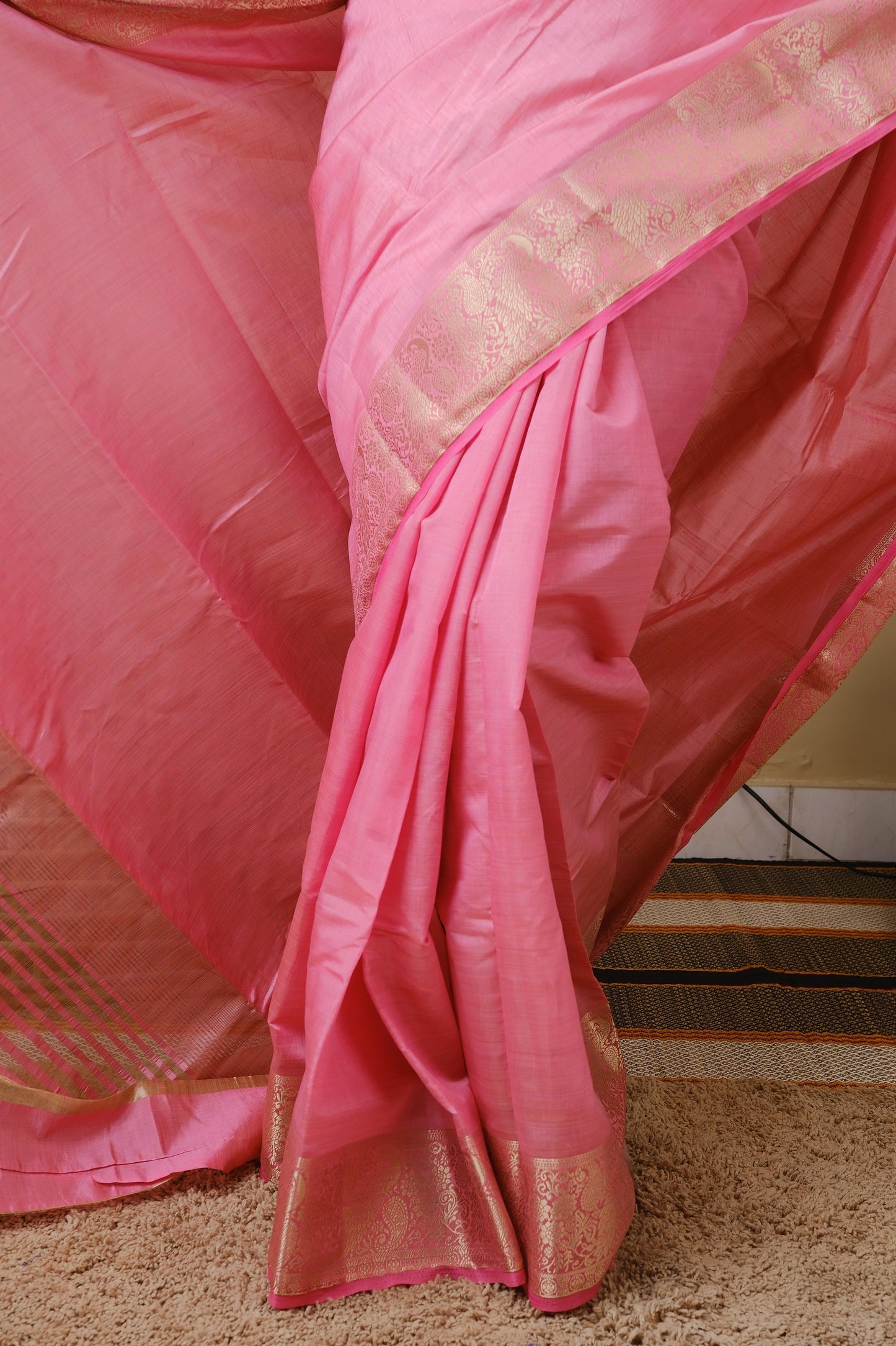 Semi soft silk in light pink with double zari border and striped pallu - AVANTHIKA