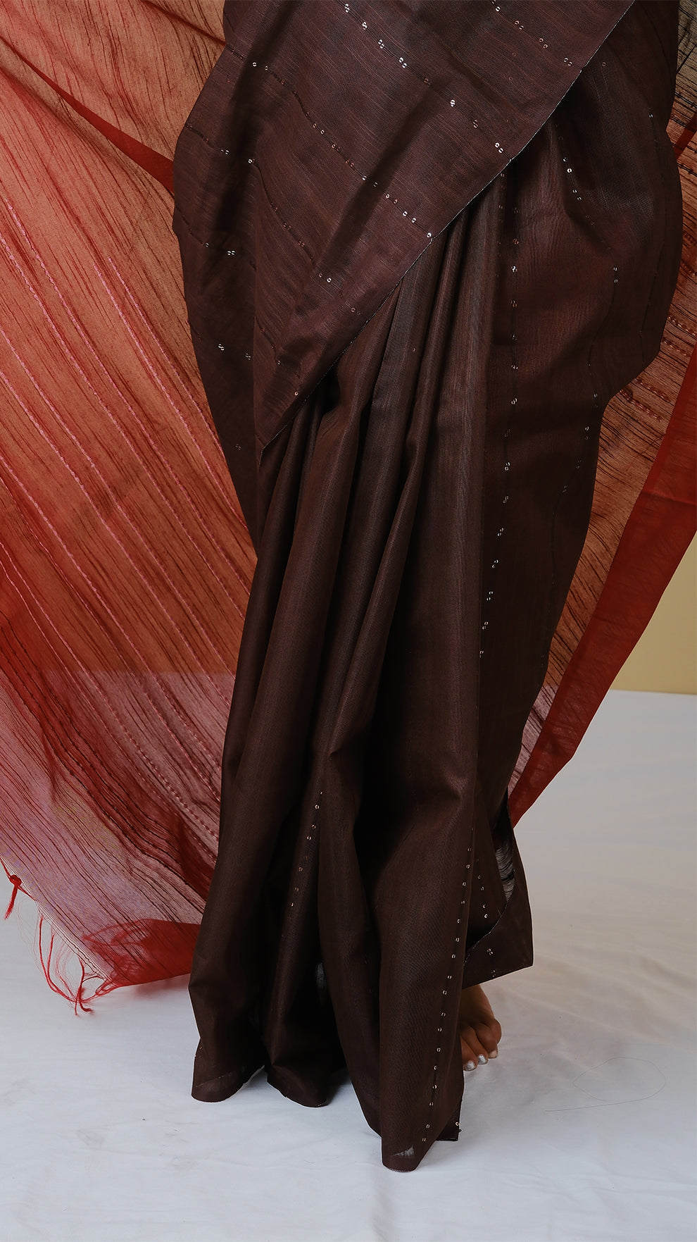 Linen cotton in coffee brown body with rust pallu with threadwork and chamki work - BOOMIKA (30010027)