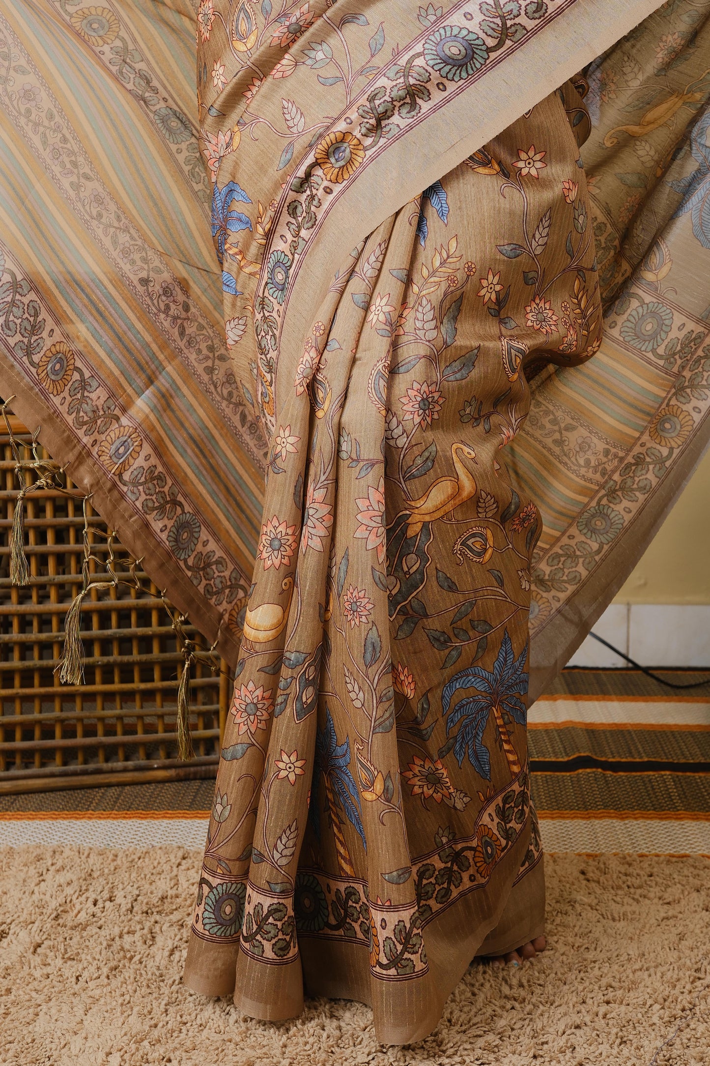 Digital print in wheat brown with all over motifs and floral border - BOOMIKA
