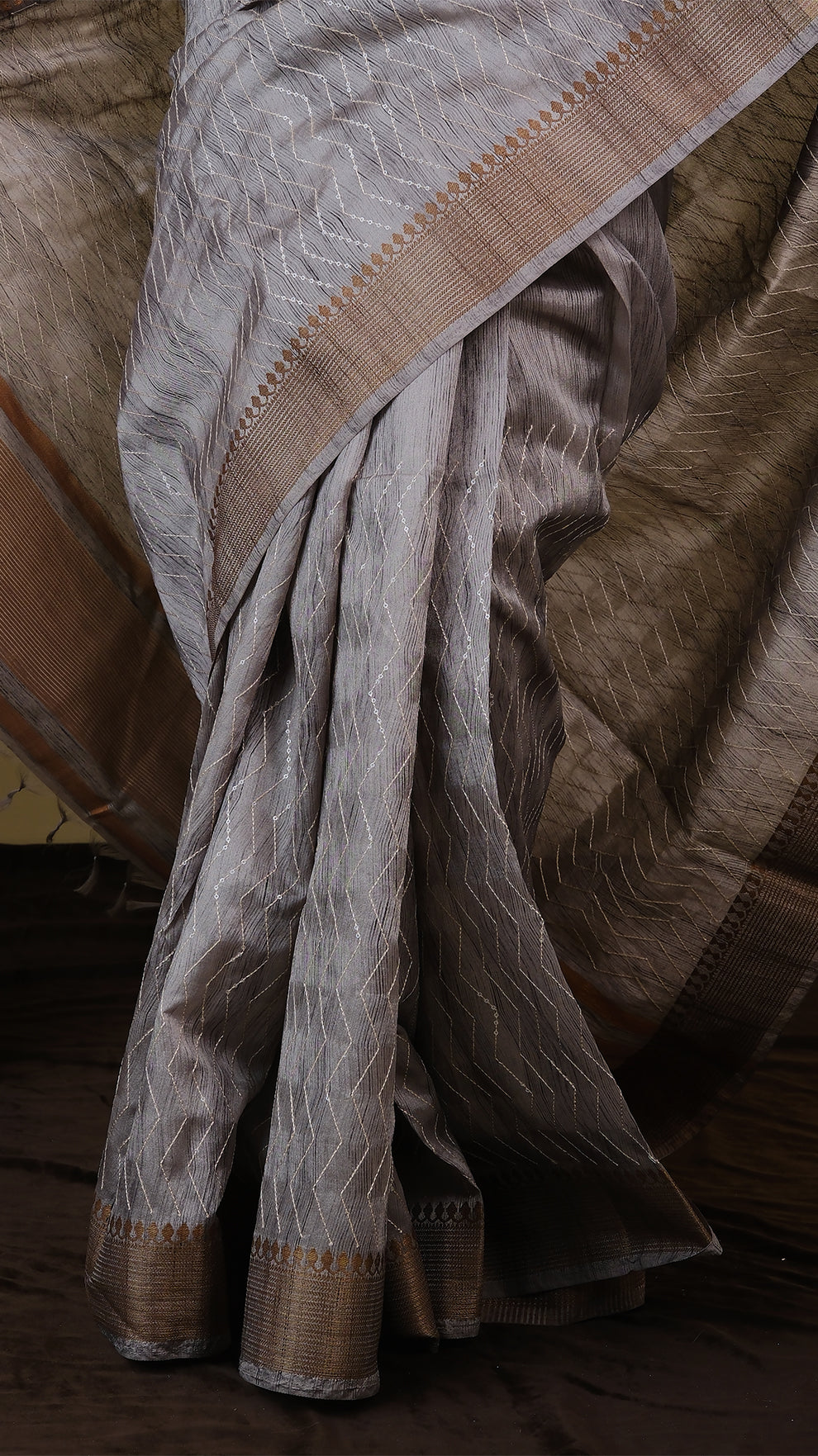Semi silk grey saree with all over thread and chumki work and anti gold woven zari border - KRITHIKA (40009022)