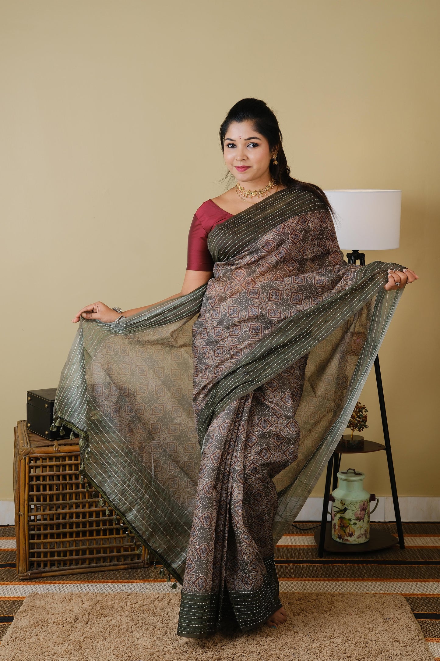 Soft cotton in olive green with mughal print and olive green embroided border - BOOMIKA