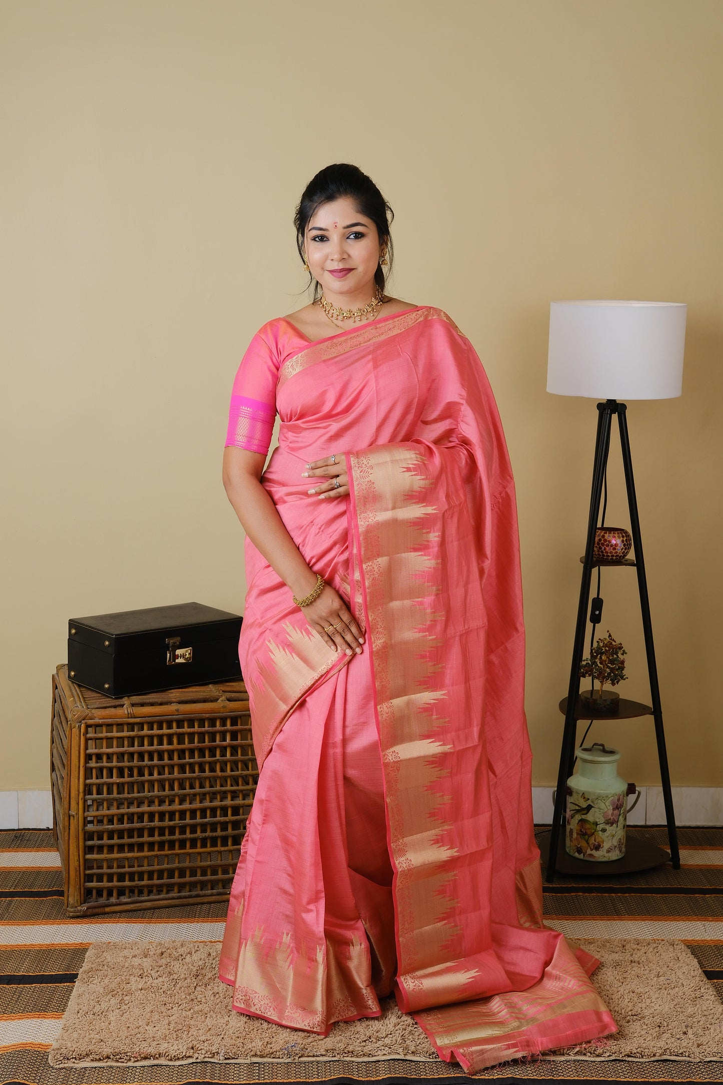 Soft silk in hot pink with tanjore zari border and striped pallu - AVANTHIKA