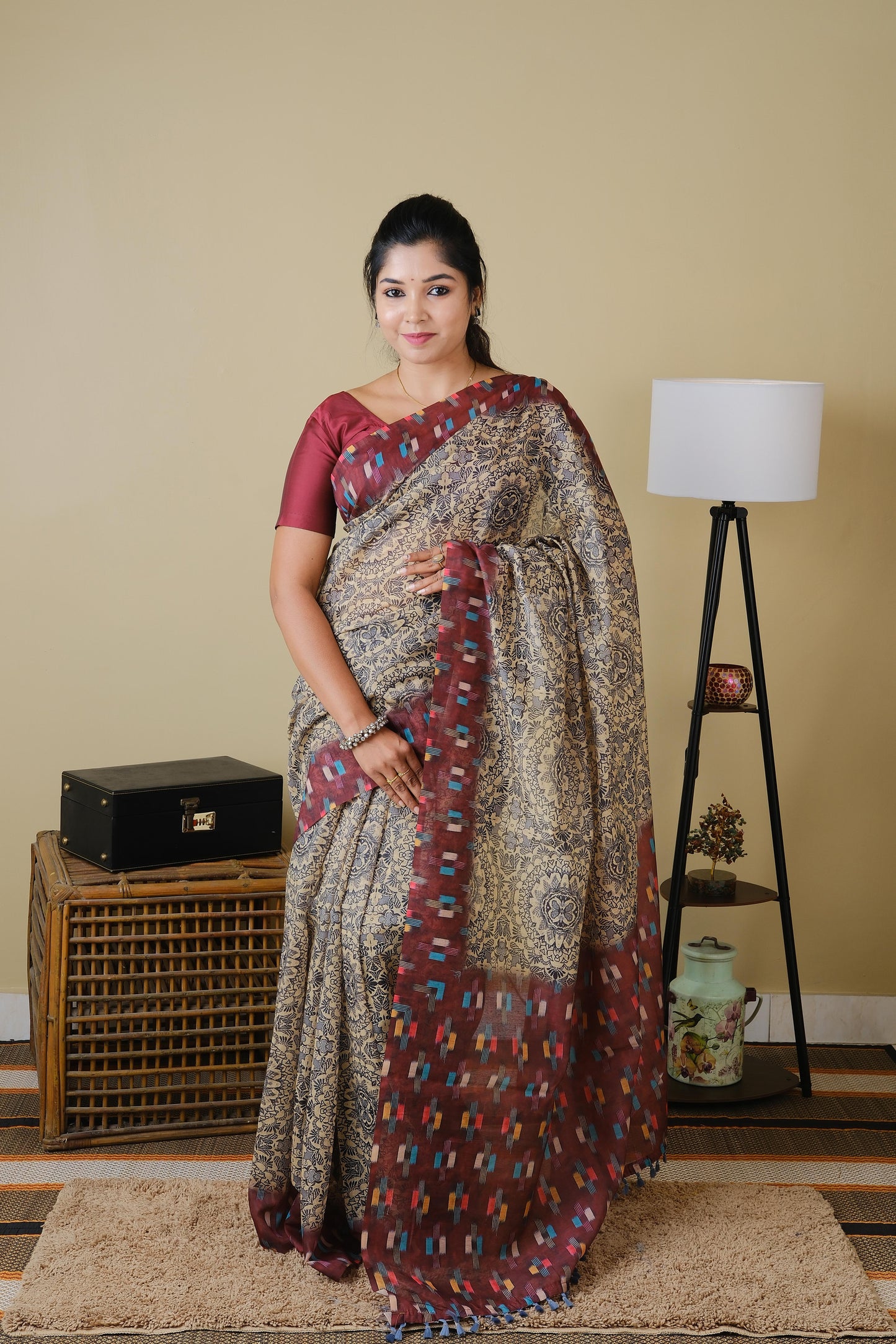 Soft cotton in cream and grey print with burgundy border - BOOMIKA