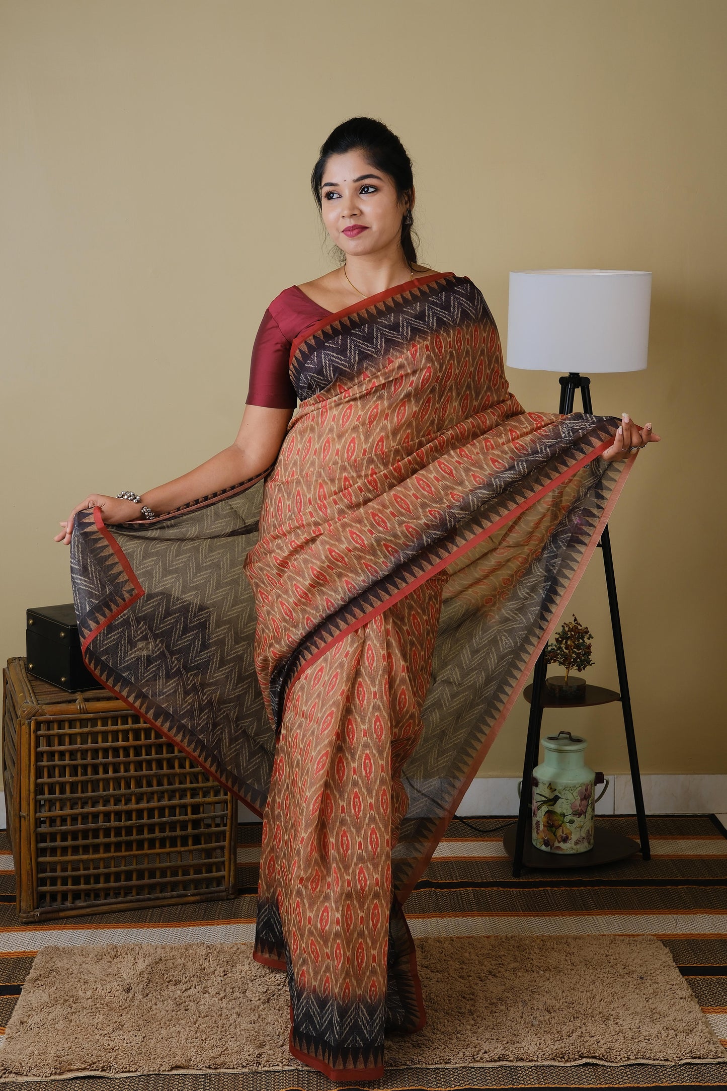 Soft cotton rustic brown tone body with charcoal grey and rust brown temple border - BOOMIKA