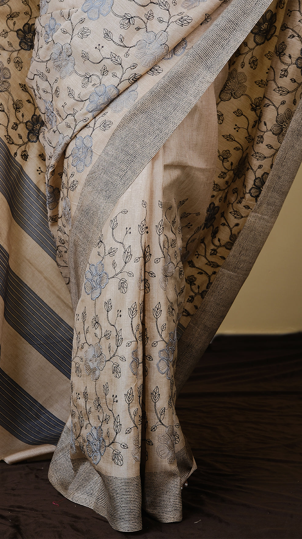 Semi tussar silk with hand embroidery in light beige with kashmiri floral cross stich embroidery and a textured border - KRITHIKA (40010009)