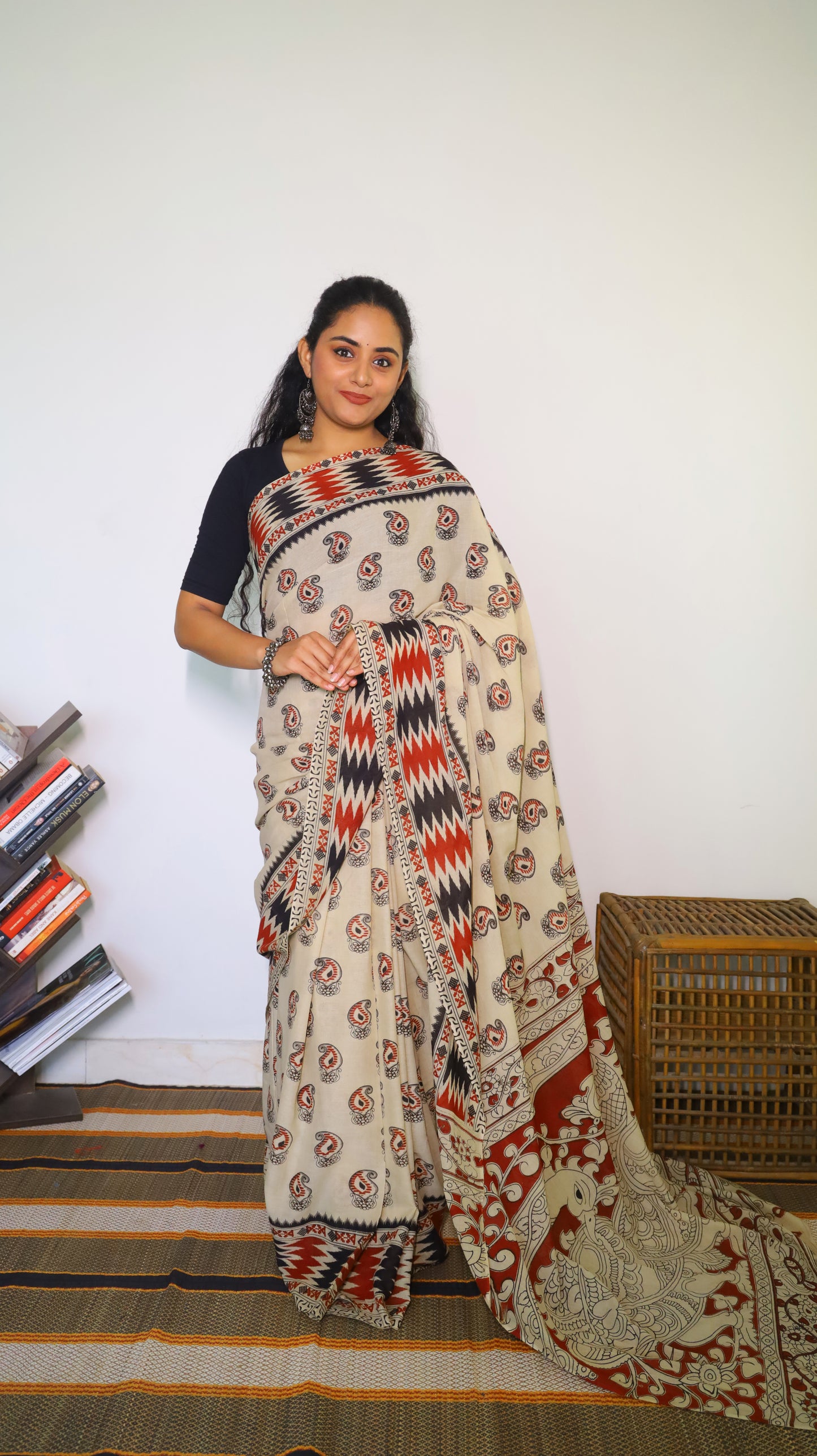 Elegant beige base soft cotton Kalamkari saree featuring paisley motifs in maroon and black - BOOMIKA