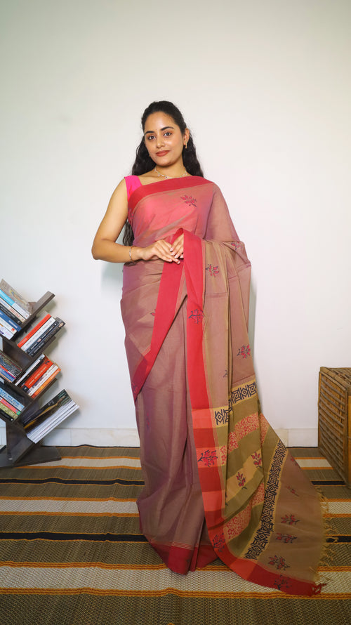 Breathable purple cotton saree with floral block print  - BOOMIKA