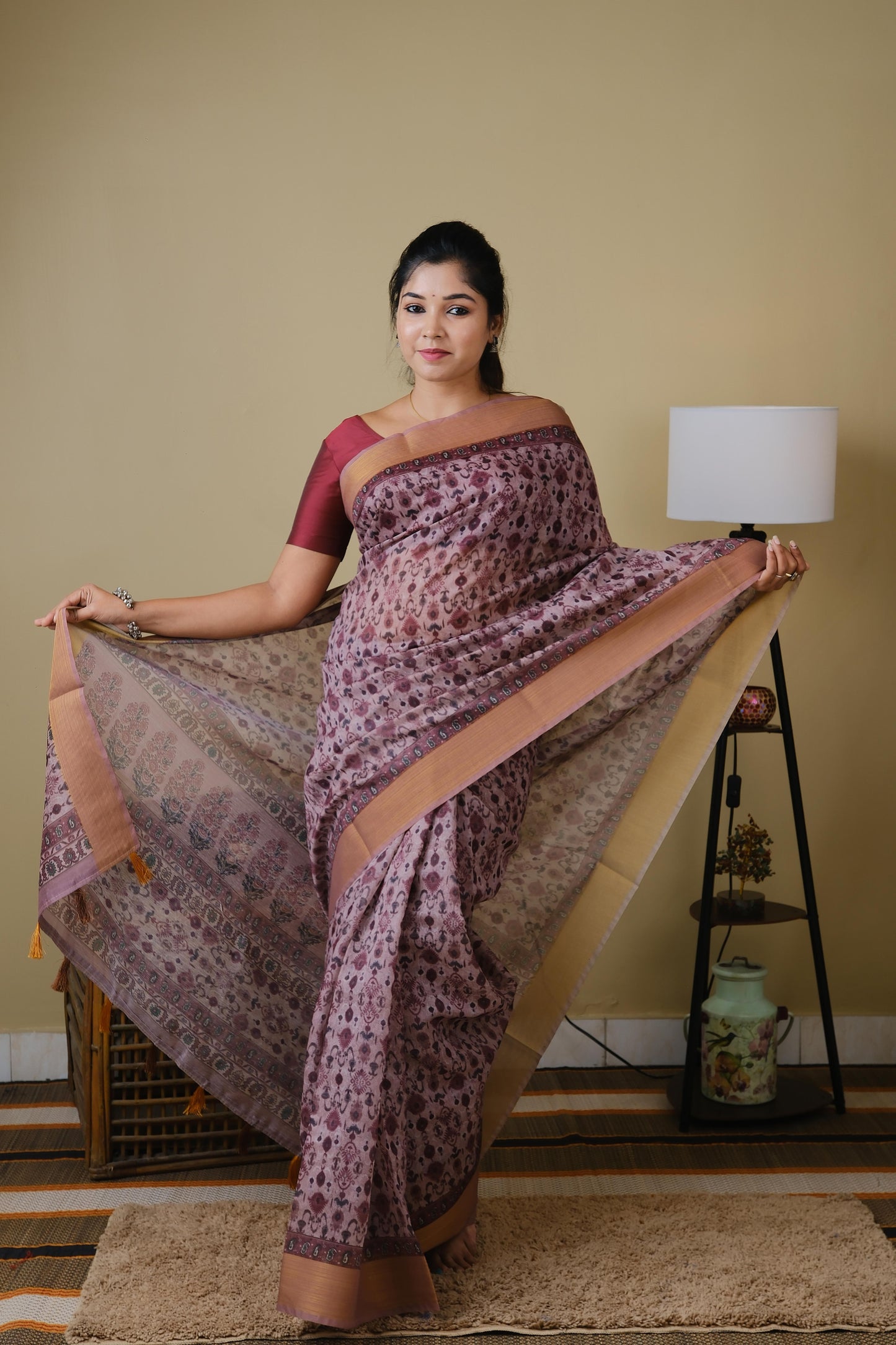 Soft cotton in mauve tribal prints and mocha brown self zari border - BOOMIKA