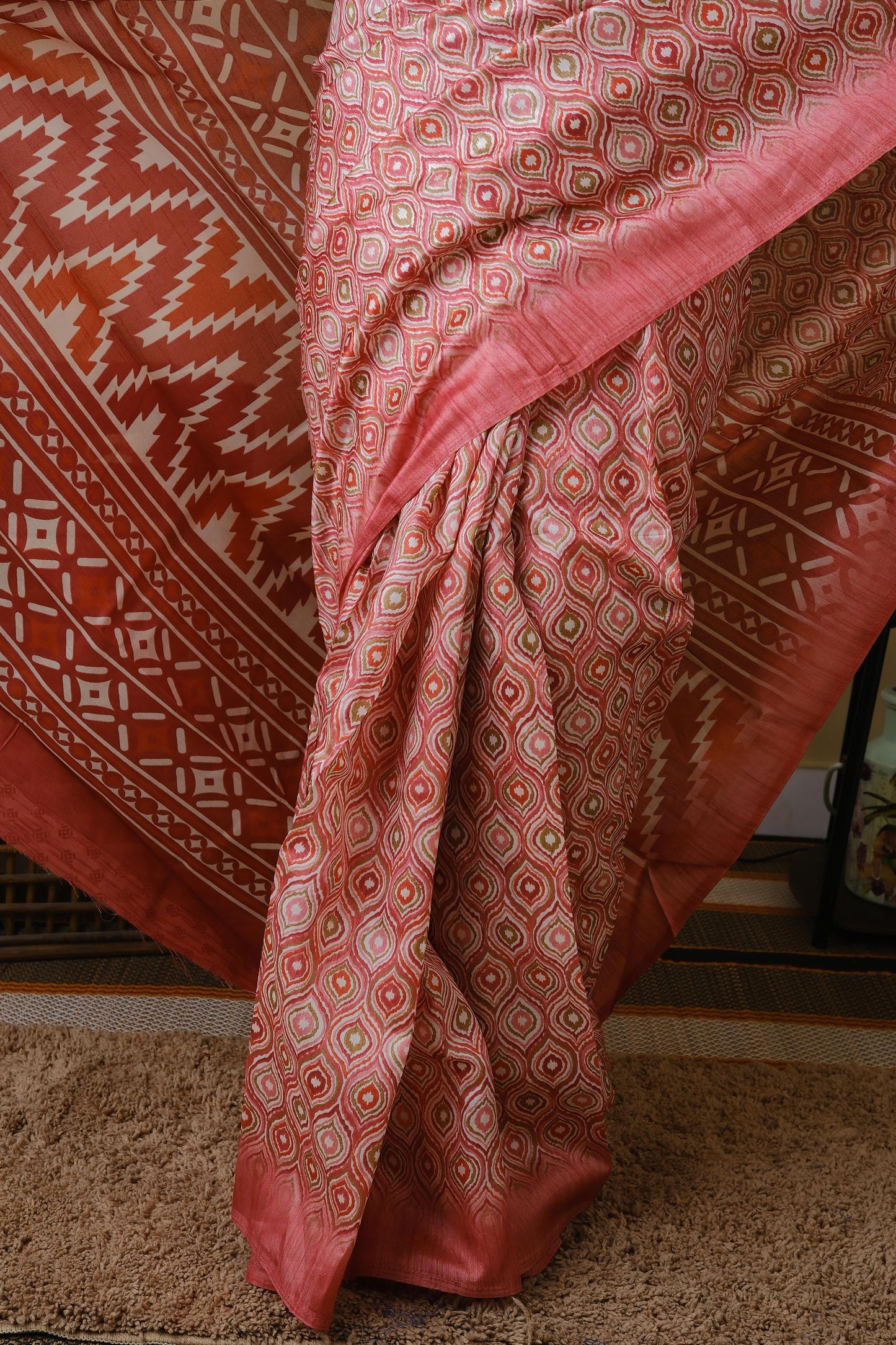 Tussar mix dark pink all over mughal print with dark peach pallu - BOOMIKA