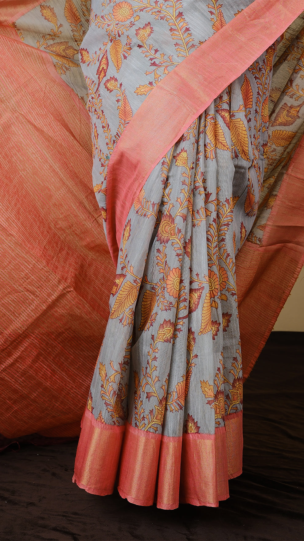 Mulmul cotton in light grey with floral motif and peach orange zari border - KRITHIKA (40012018)