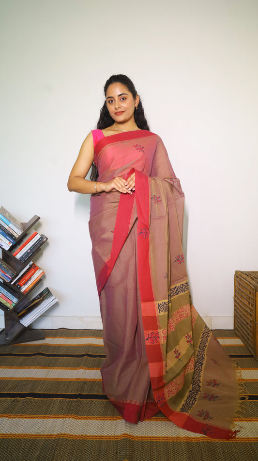 Breathable purple cotton saree with floral block print  - BOOMIKA