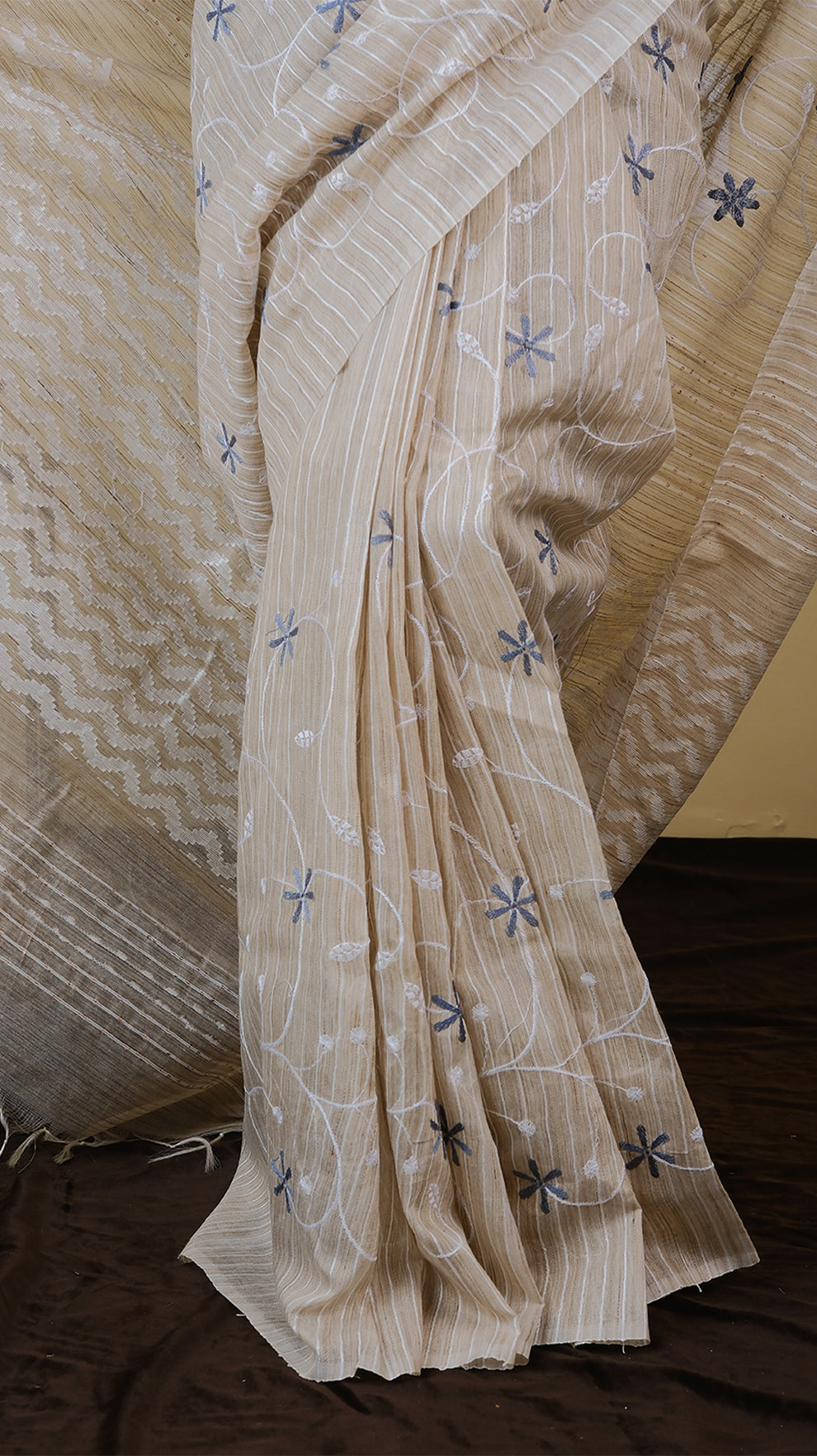 Everyday comfort jute khadi cotton in beige colour with dark grey and white embroidery - BOOMIKA (30010011)