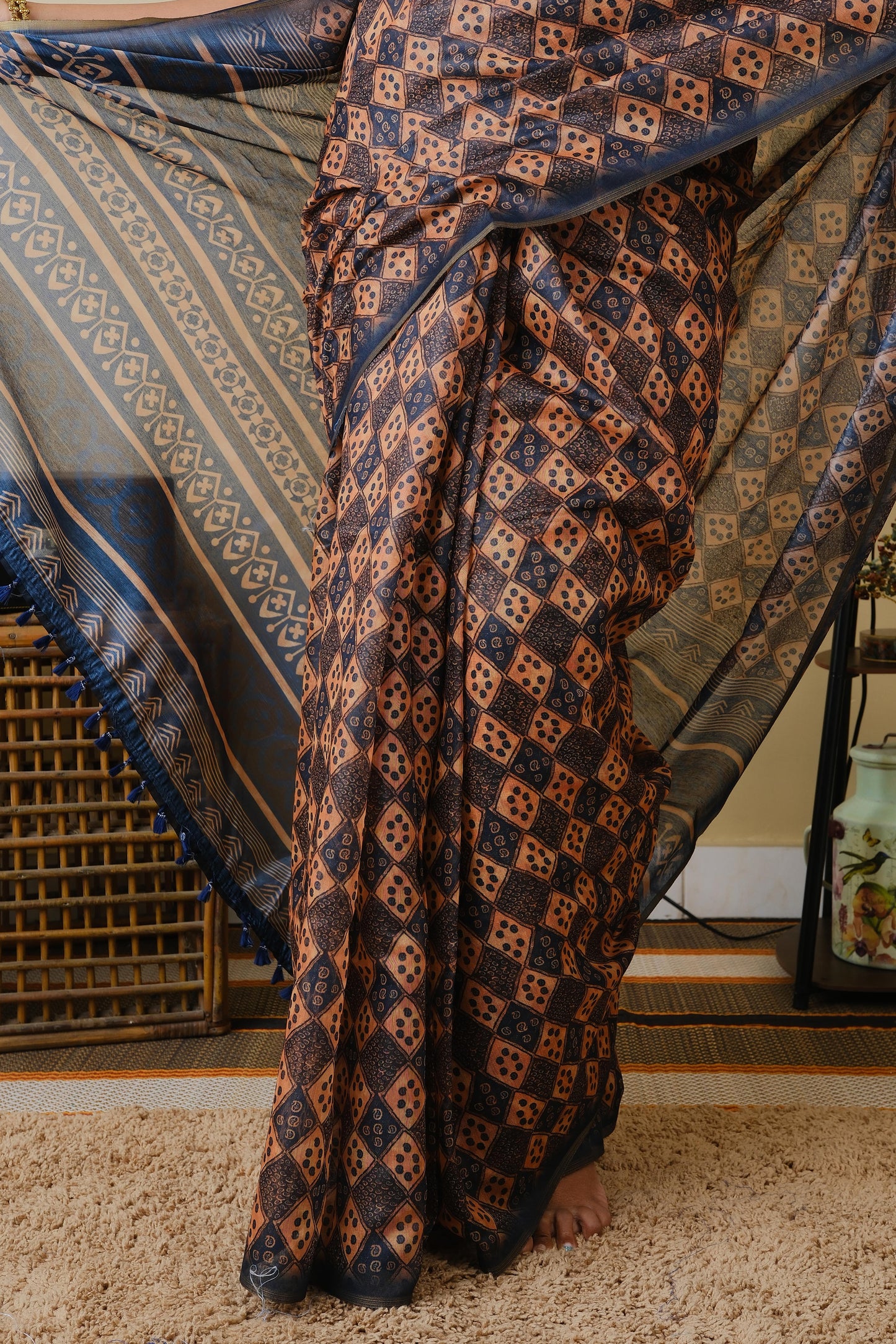 Chanderi silk in bottle green and carrot orange with all over digital print -  BOOMIKA