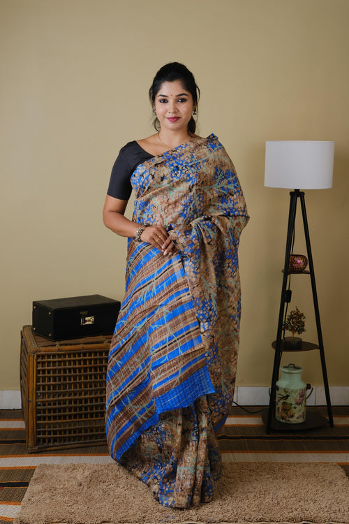 Digital print abstract wash and wear in light brown and royal blue - BOOMIKA