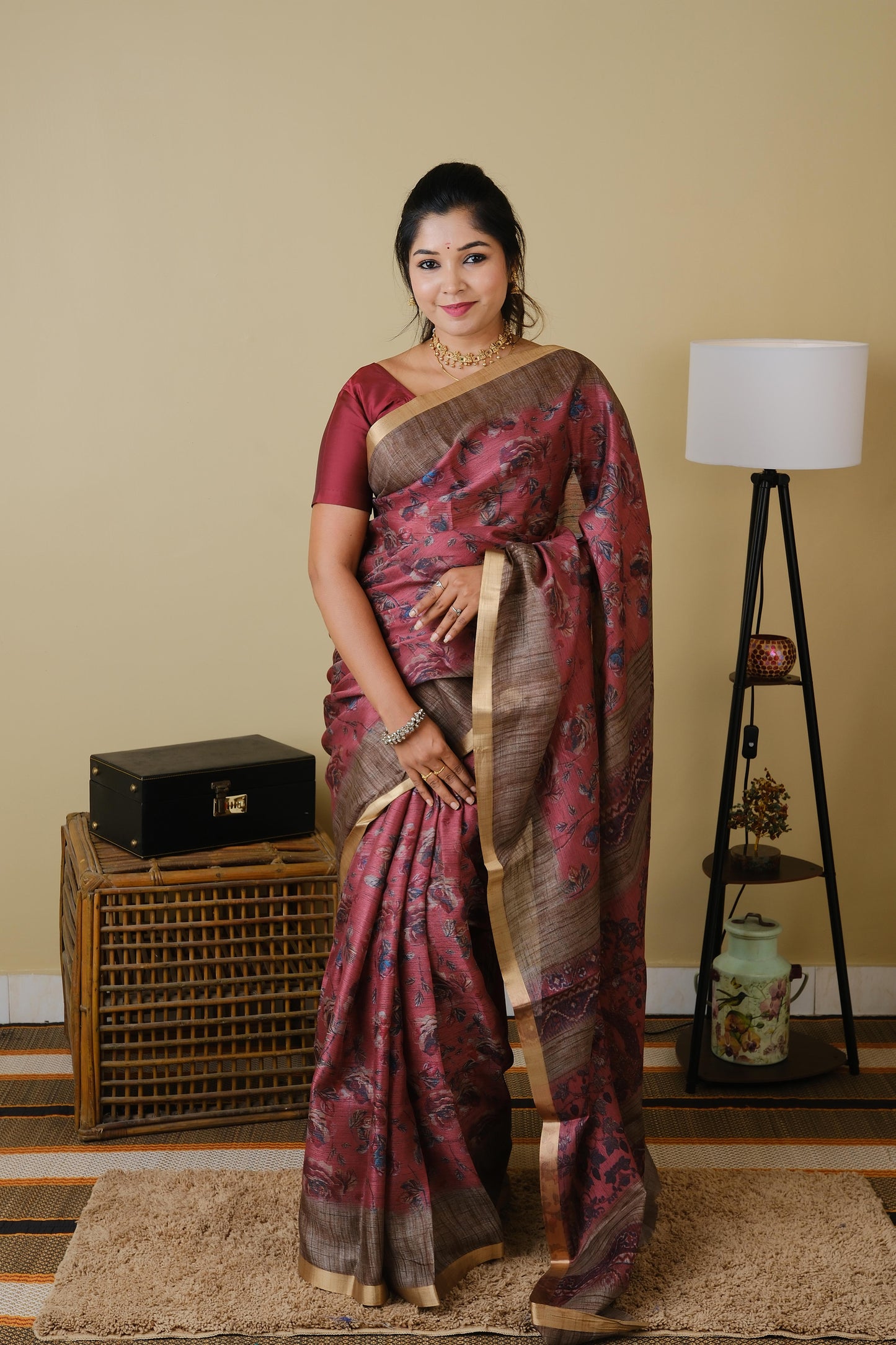 Semi khadi cotton with rose digital print in burnt rose pink with jal border - BOOMIKA