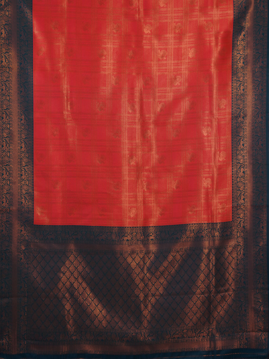 Luxurious soft silk flaming orange tissue saree with full brocade body and double dark green zari border and pallu - AVANTHIKA (20009029)