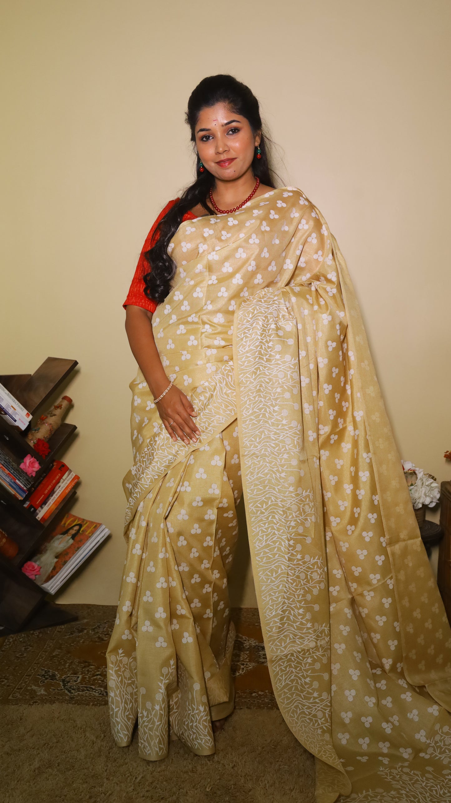 Elegant soft beige Jute Cotton saree featuring delicate white woven motifs throughout the body - BOOMIKA
