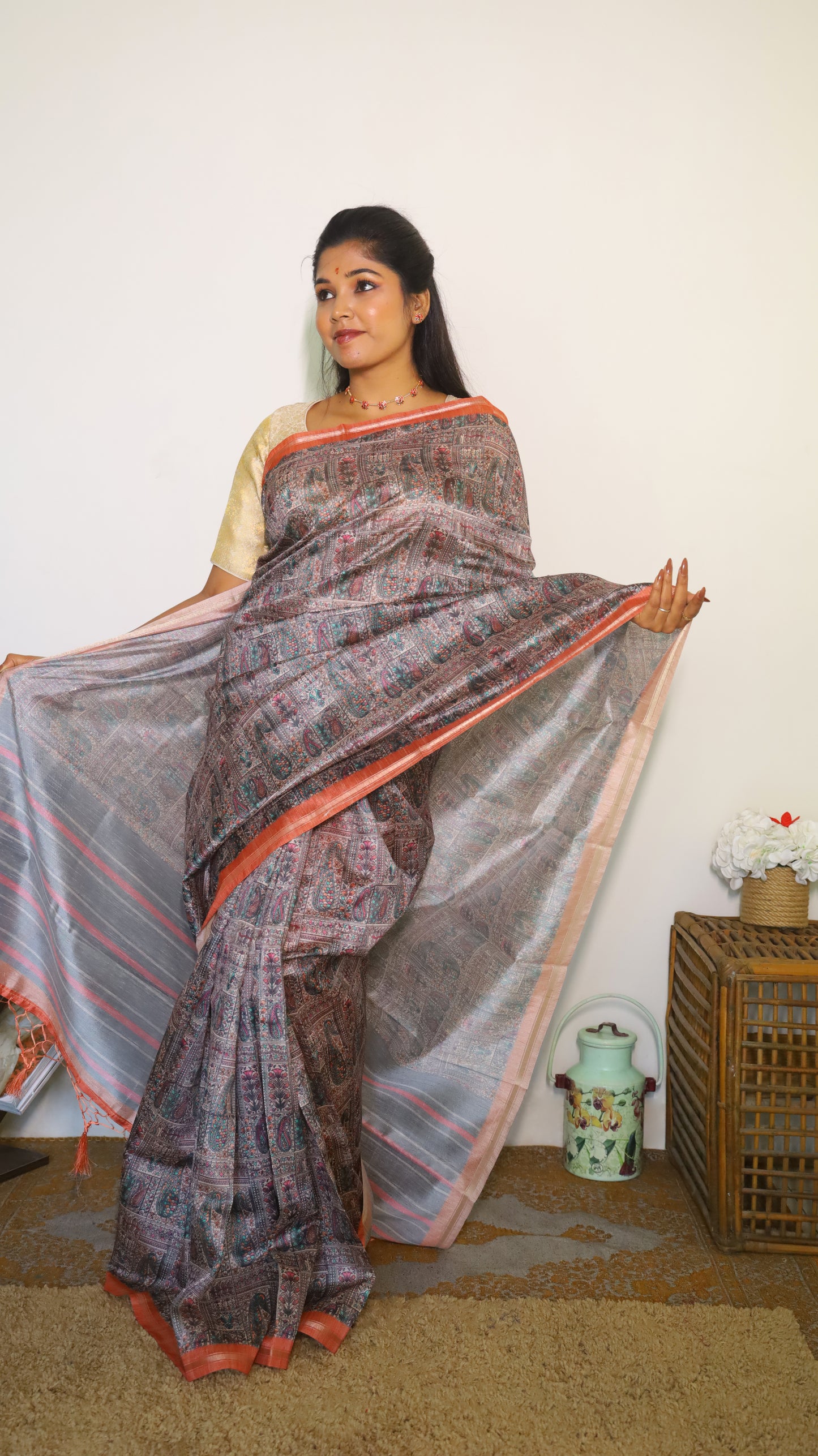Sophisticated semi tussar designer in charcoal grey saree with a contemporary stripe border - Preethika
