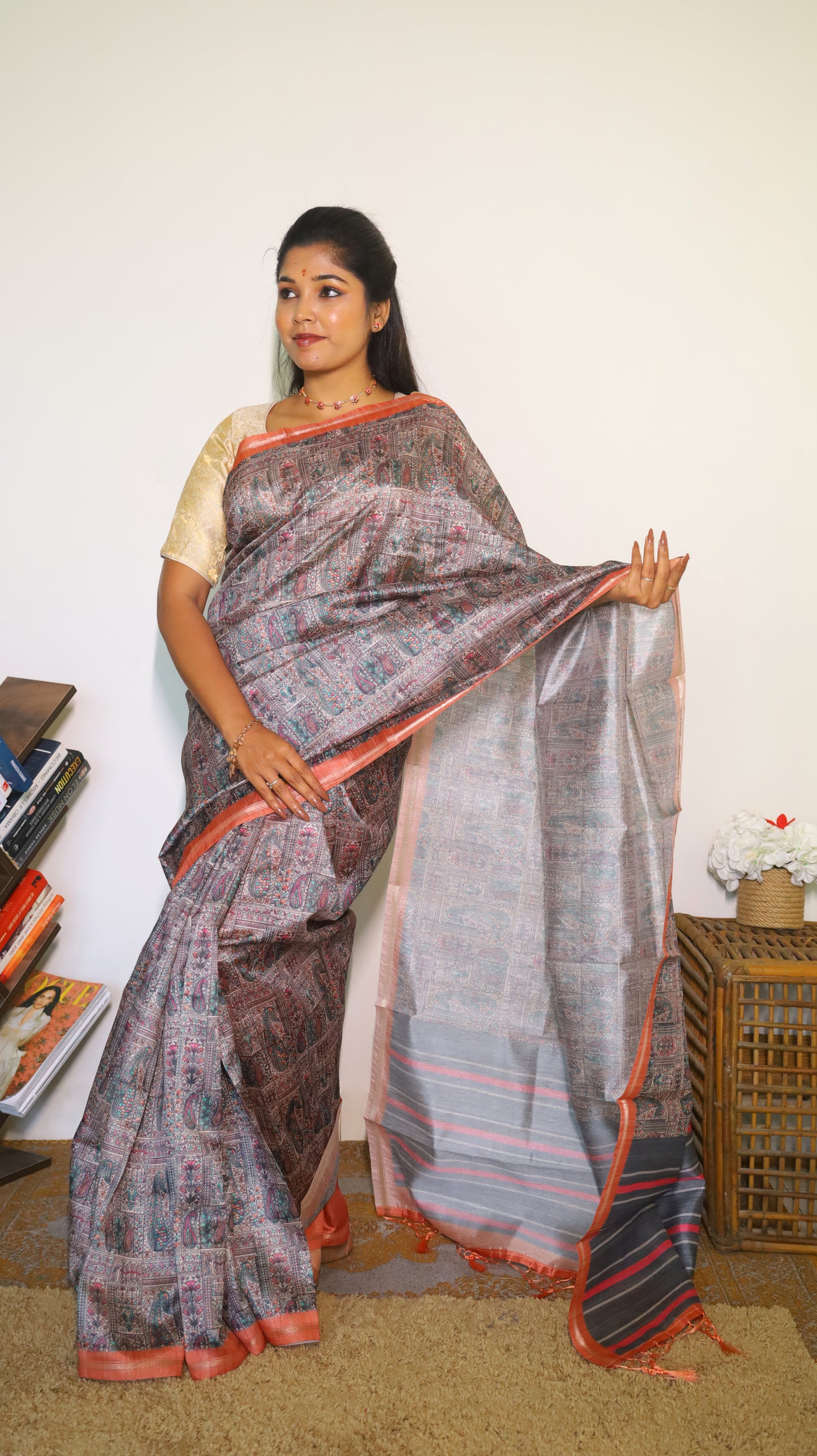 Sophisticated semi tussar designer in charcoal grey saree with a contemporary stripe border - Preethika