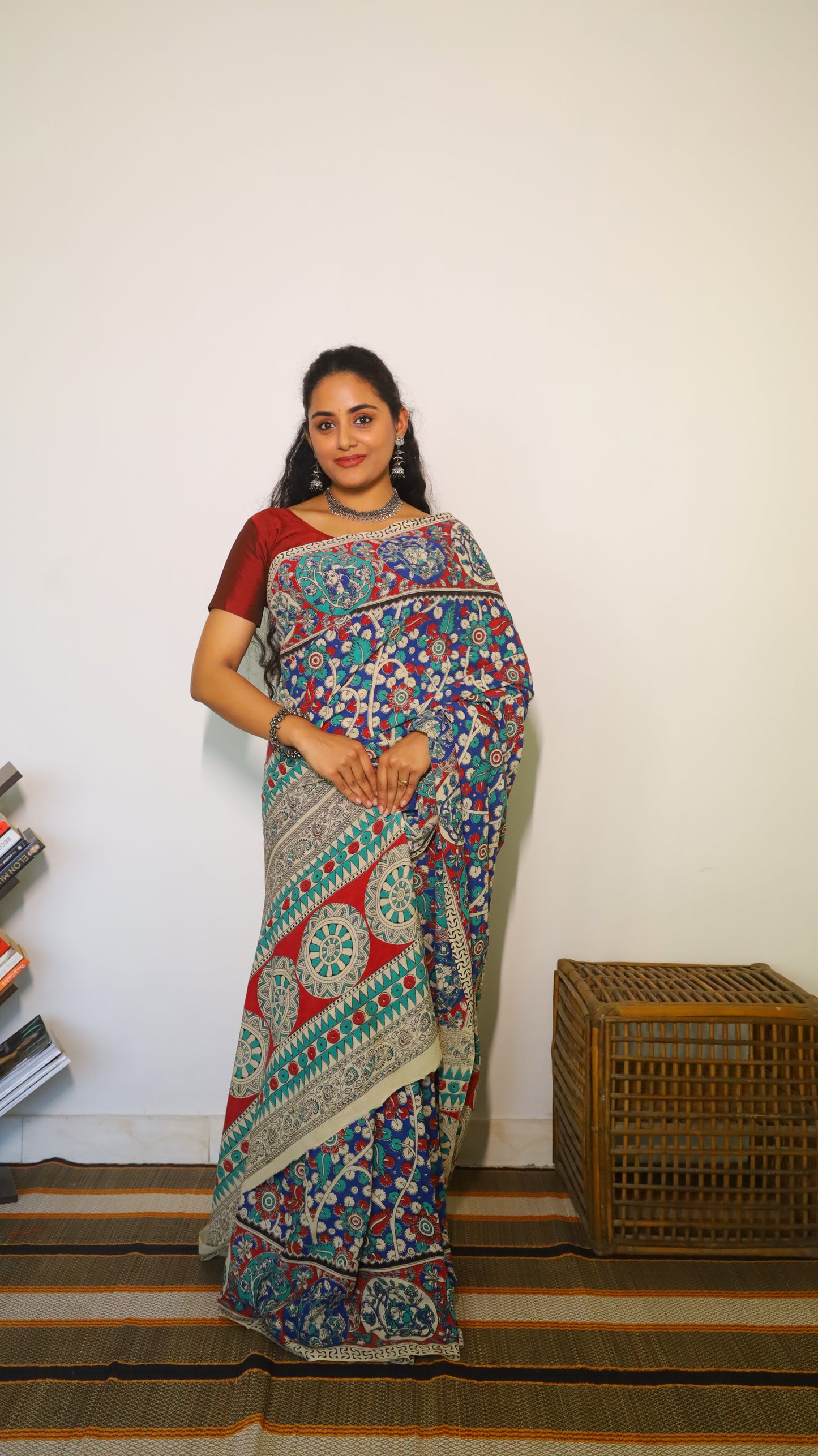 Gorgeous blue Kalamkari cotton saree with intricate design in red and teal blue - BOOMIKA