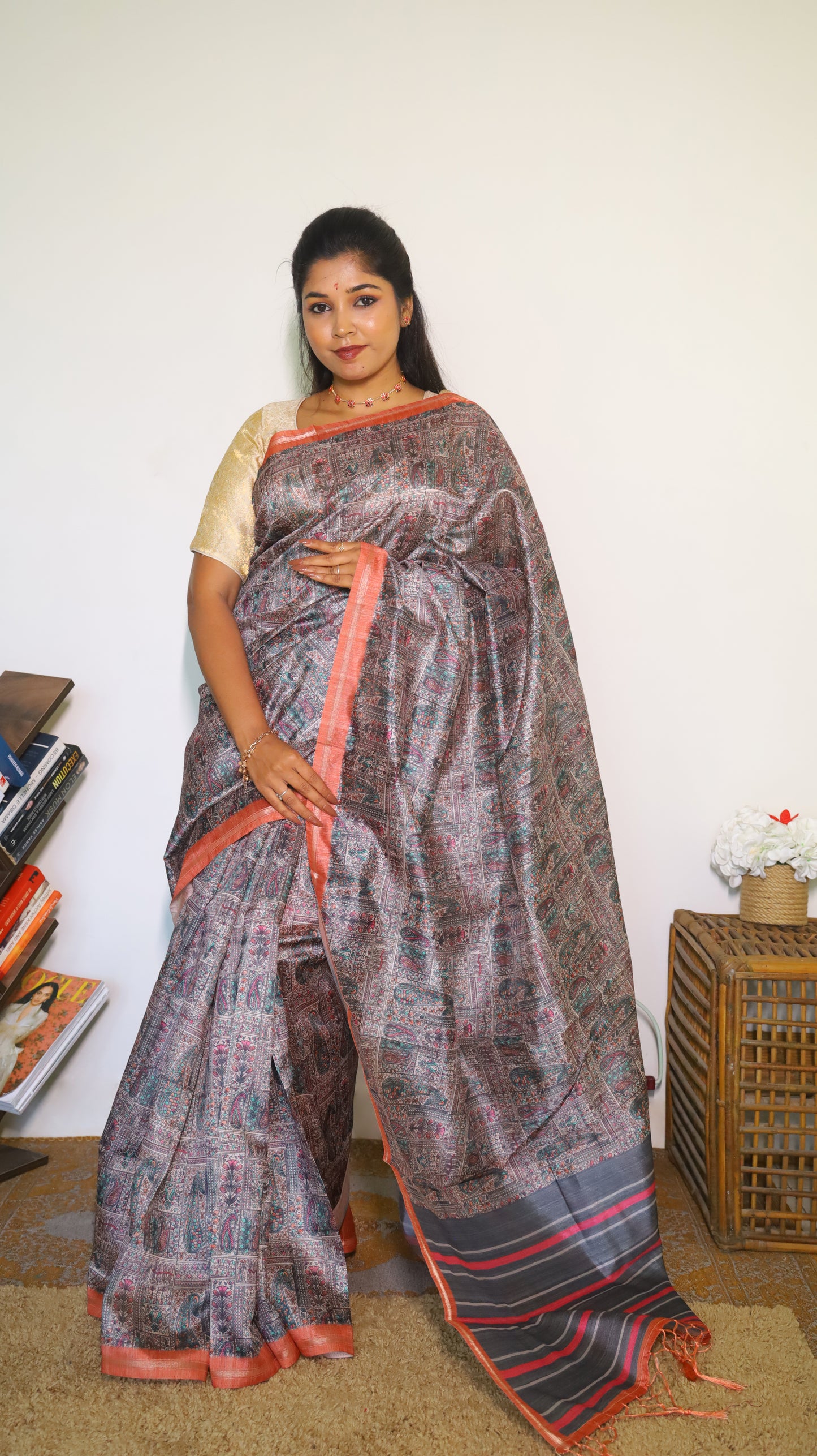 Sophisticated semi tussar designer in charcoal grey saree with a contemporary stripe border - Preethika