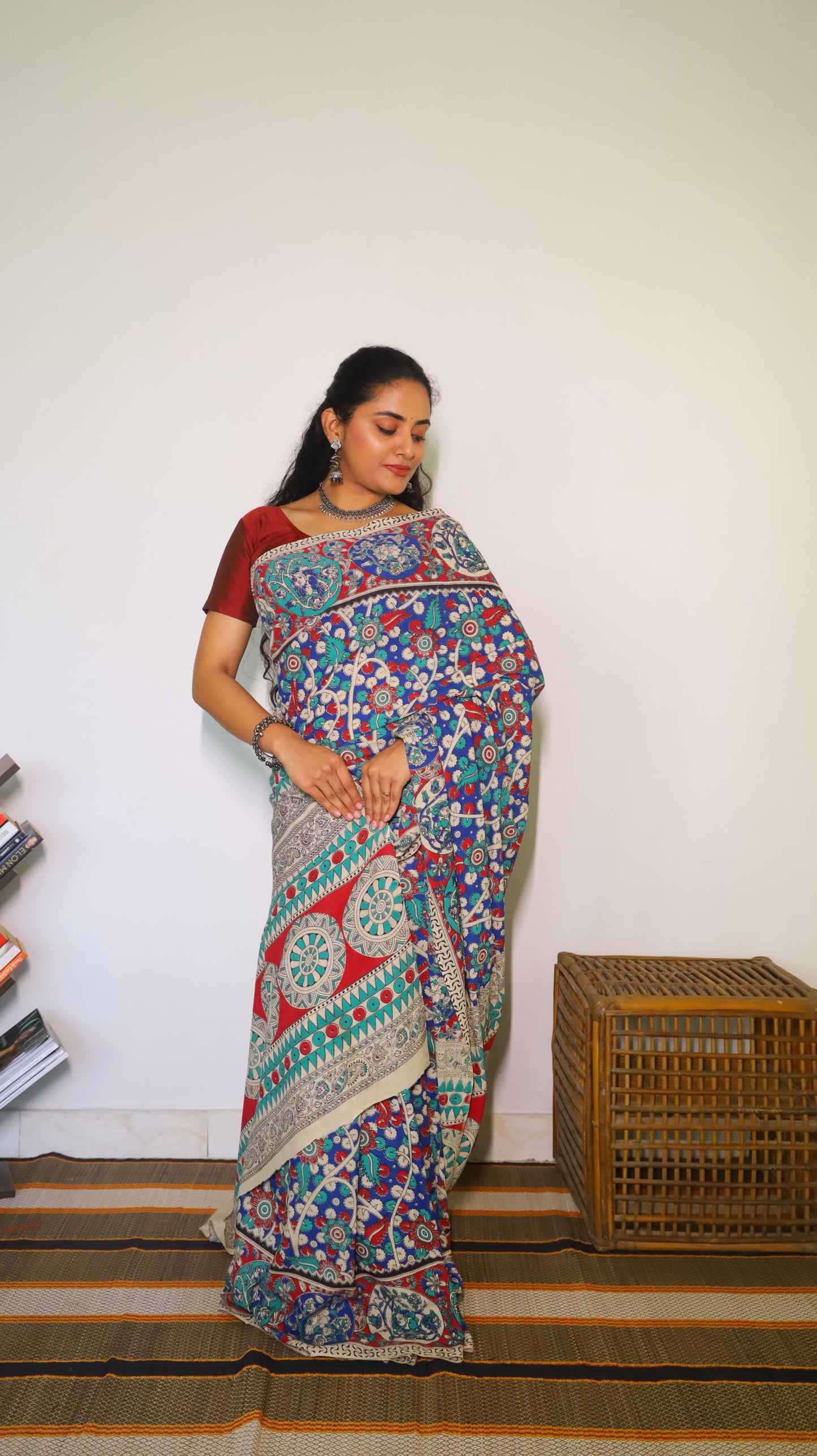 Gorgeous blue Kalamkari cotton saree with intricate design in red and teal blue - BOOMIKA