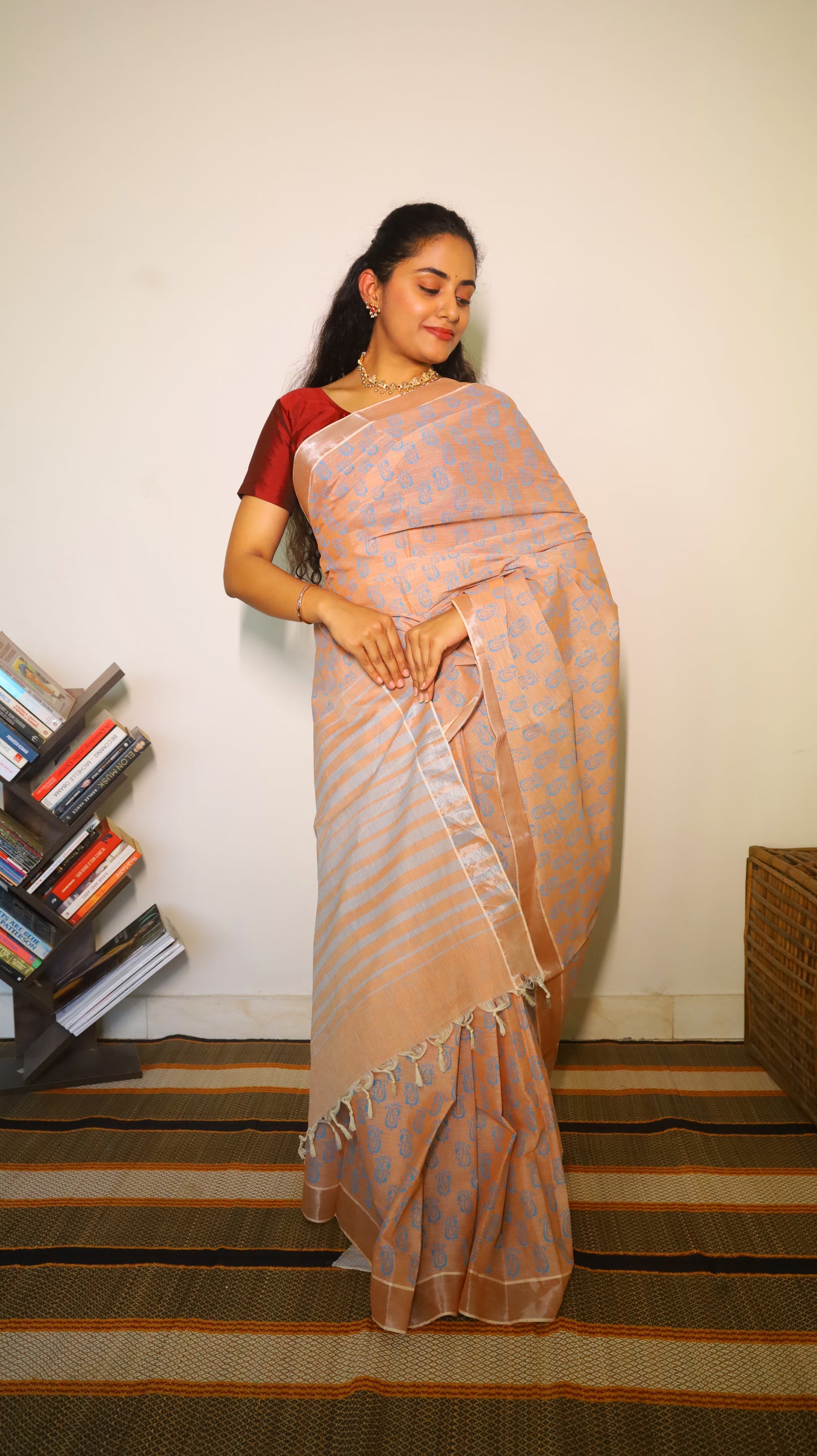 Elegant pink block print cotton saree with buttas all over body in blue - BOOMIKA