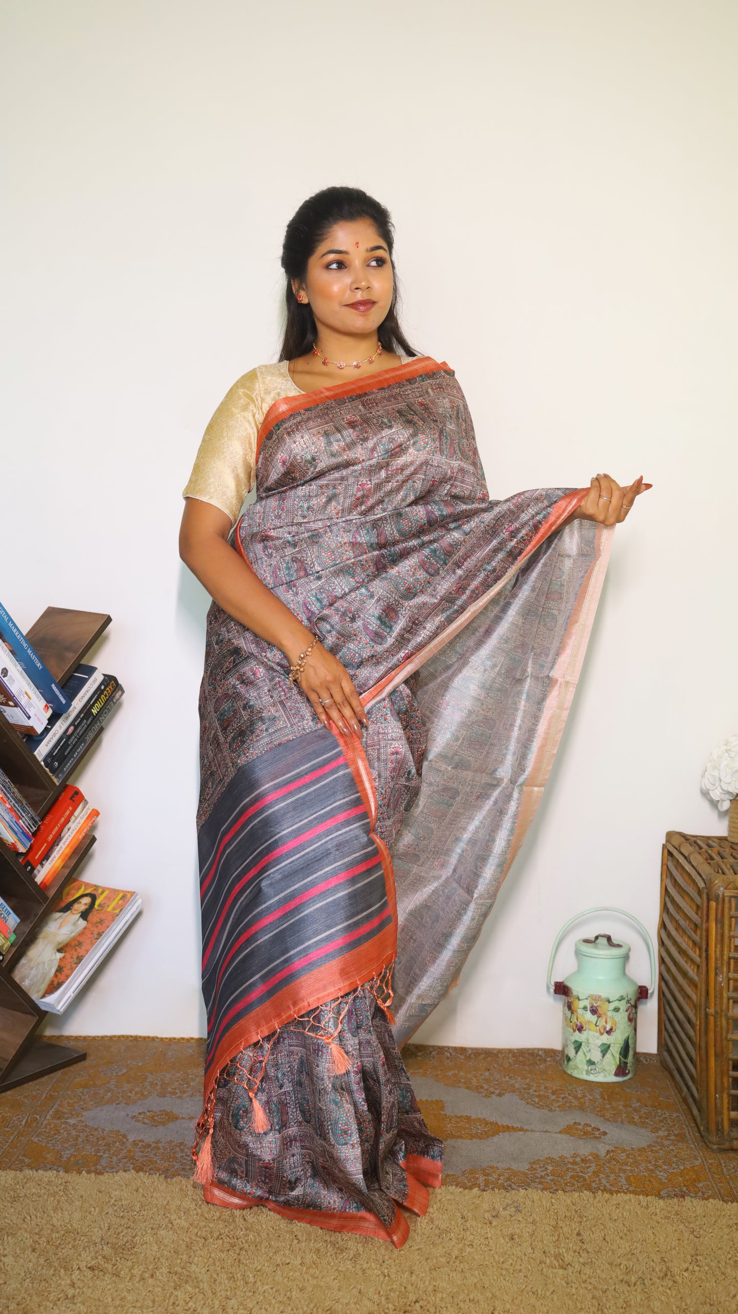 Sophisticated semi tussar designer in charcoal grey saree with a contemporary stripe border - Preethika